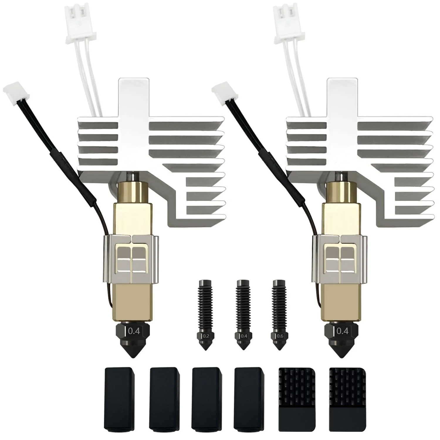 دو عدد هات‌اند فولادی سخت‌کاری شده 0.4 میلی‌متری سرامیکی برای کیت اکسترودر هد چاپ Centauri Carbon/Centauri به همراه نازل‌های سخت‌کاری شده اضافی 0.2 میلی‌متری، 0.4 میلی‌متری، 0.6 میلی‌متری، دو عدد روکش سیلیکونی و دو عدد برس نازل