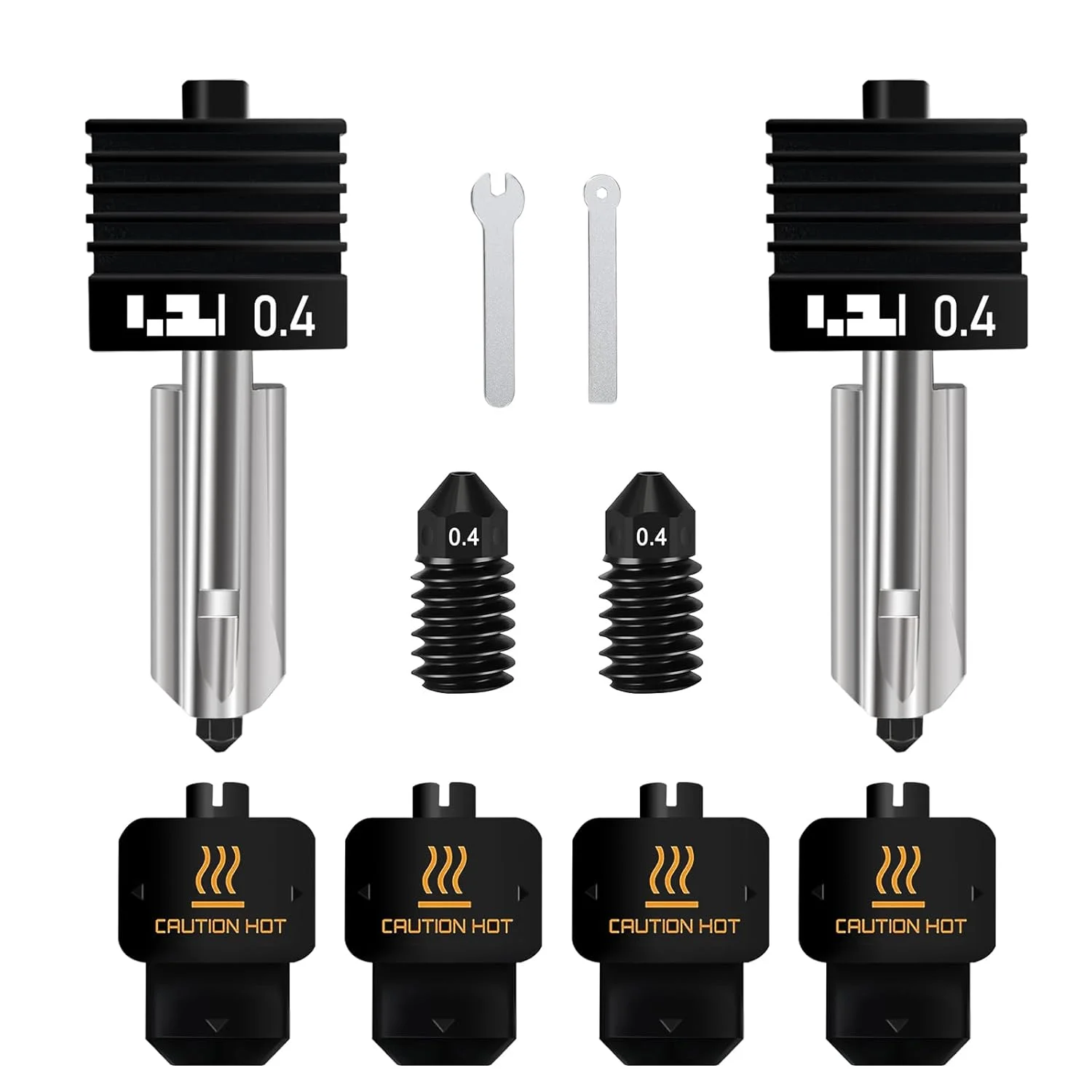 دو عدد هات‌اند 0.4 میلی‌متری برای Bambu Lab P2S/H2S/H2D/H2D Laster/H2D AMS Combo/A1/A1 Mini، طراحی هد چاپ اکسترودر با قابلیت تعویض سریع به همراه دو عدد روکش سیلیکونی اضافی و نازل فولادی سخت‌کاری شده