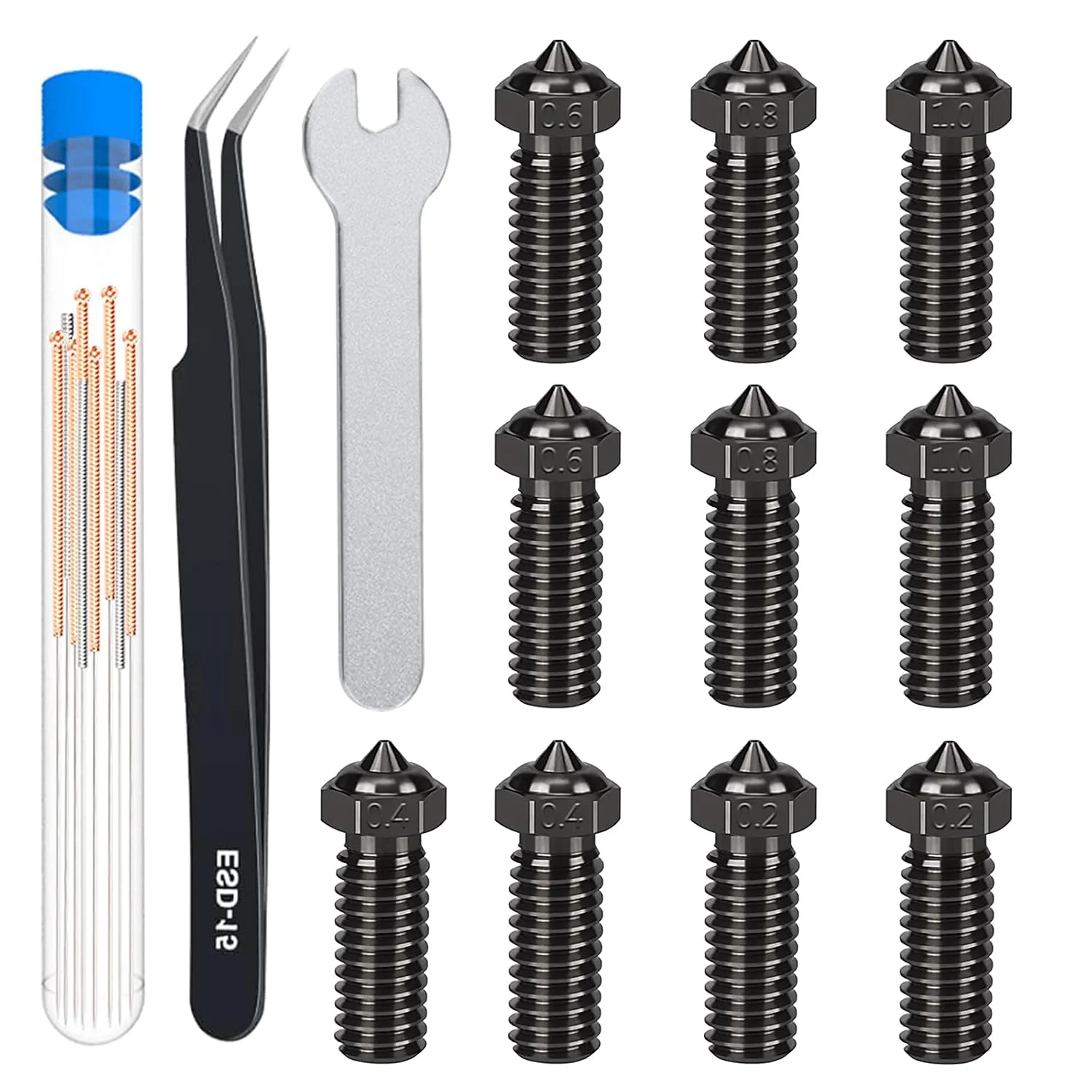 10 عدد نازل فولادی سخت کاری شده با اندازه های مختلف برای پرینتر سه بعدی R QIDI Q1 Pro/X-Max 3 / Q1 Pro/X-Plus 3 / X-Smart 3، 2 عدد نازل اکسترودر هات اند 0.2/0.4/0.6/0.8/1.0 میلی متری برای قطعات پرینتر سه بعدی R QIDI