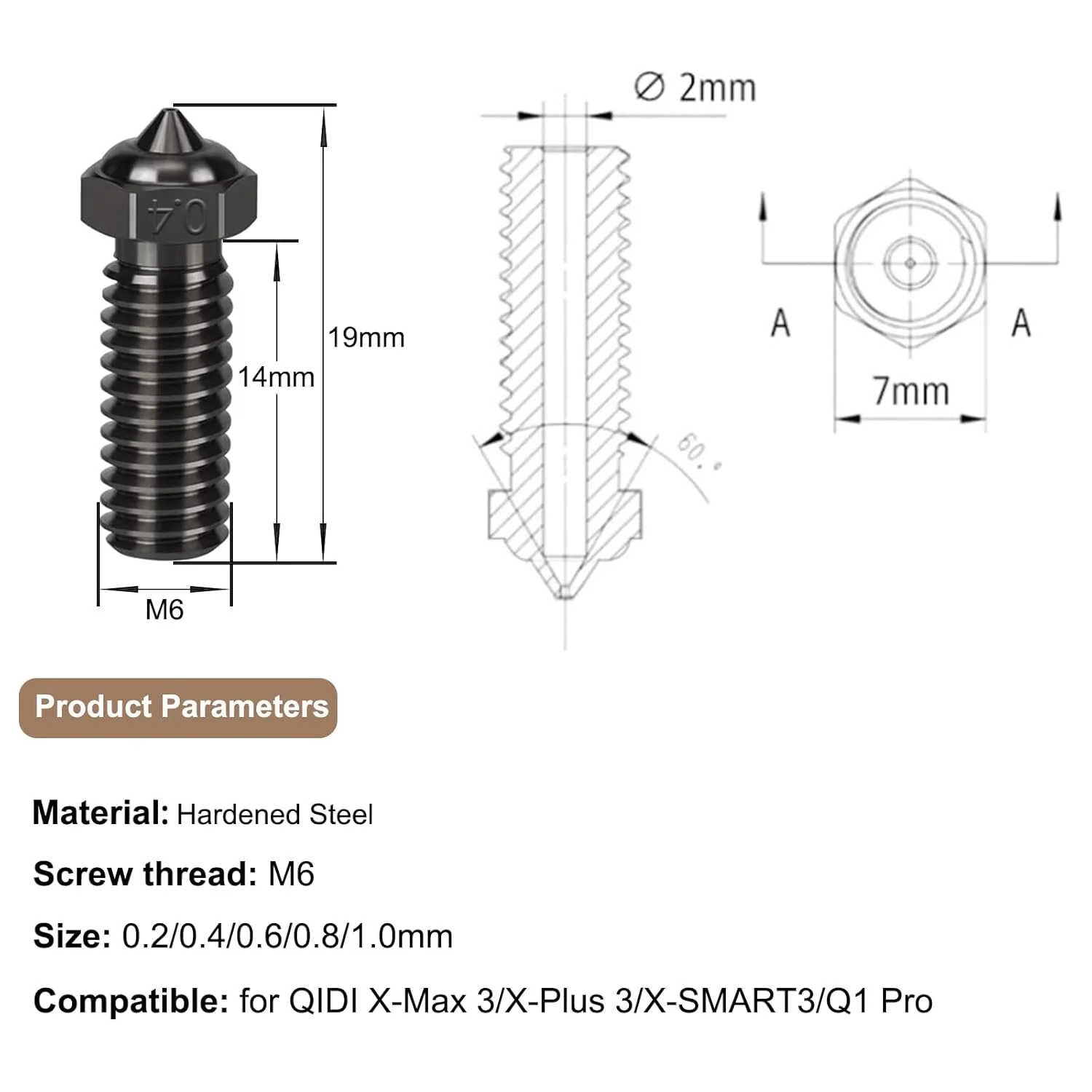 10 عدد نازل فولادی سخت کاری شده با اندازه های مختلف برای پرینتر سه بعدی R QIDI Q1 Pro/X-Max 3 / Q1 Pro/X-Plus 3 / X-Smart 3، 2 عدد نازل اکسترودر هات اند 0.2/0.4/0.6/0.8/1.0 میلی متری برای قطعات پرینتر سه بعدی R QIDI
