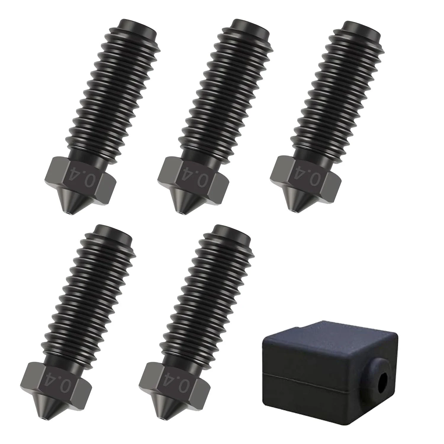 مجموعه 5 عددی نازل فولادی سخت شده 0.4 میلی‌متری برای Anycubic Kobra 3/Kobra 3 Combo/Kobra S1، ارتقاء جریان بالا برای فیلامنت‌های سایشی به همراه جوراب سیلیکونی