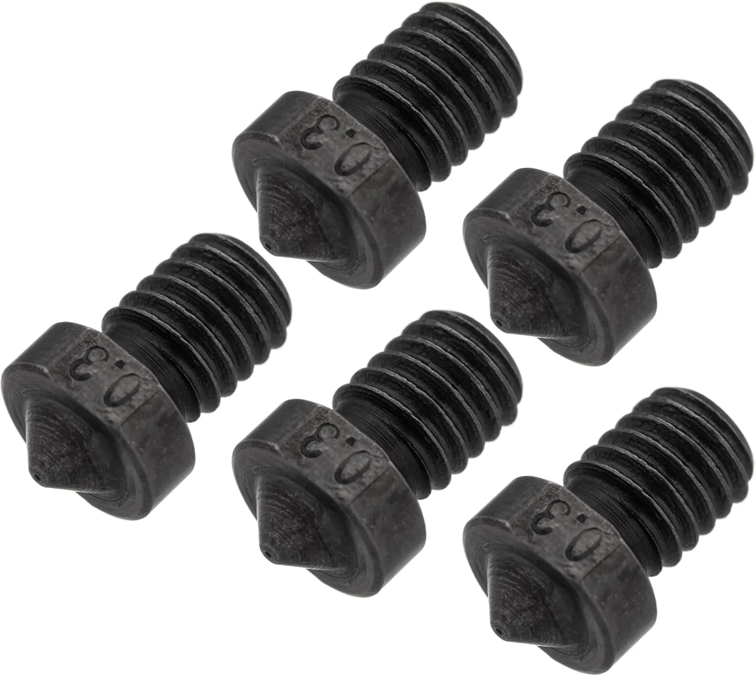 ۵ عدد نازل فولادی سخت کاری شده ۰.۳ میلی متری V6 مناسب پرینتر سه بعدی - سایز فیلامنت ۱.۷۵ میلی متر و رزوه M6 (۶ میلی متر) - مجموعه قطعات یدکی اکسترودر هات اند، مقاوم در برابر سایش و دما