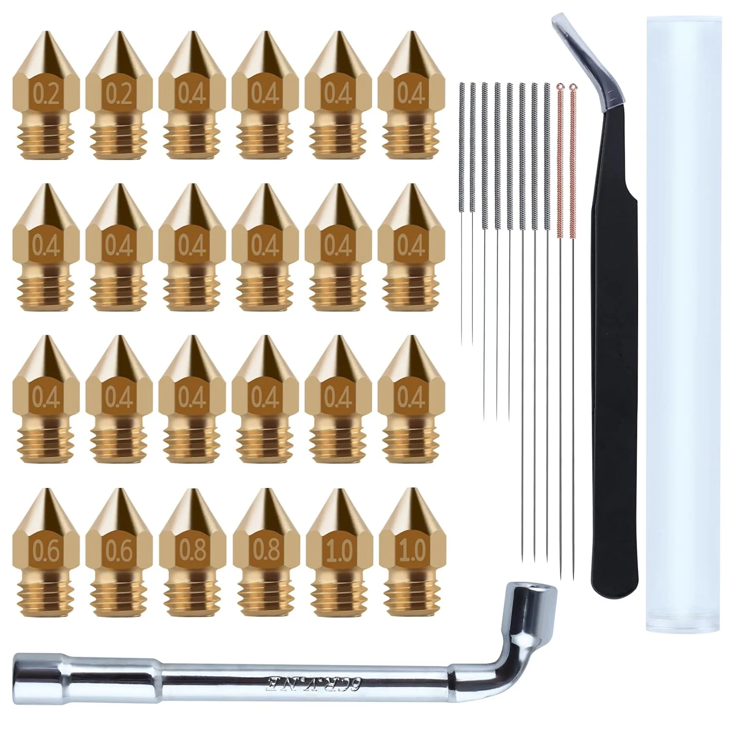 24 عدد نازل MK8 برای اکسترودر پرینتر سه بعدی، نازل های برنجی 0.2mm/0.4mm/0.6mm/0.8mm/1.0mm به همراه کیت تمیز کننده و ابزار DIY مناسب برای Creality Ender 3/Ender 3 Pro/Ender 3 S1/CR 10