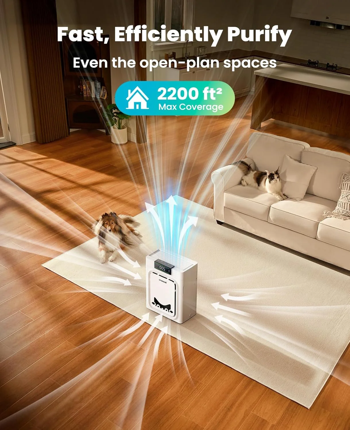 دستگاه تصفیه هوای خانگی Oneisall با ورودی دو طرفه، تصفیه کننده هوا با فیلترهای قابل شستشو، مناسب برای اتاق های بزرگ تا 200 متر مربع، CADR 320m³/h، 25dB، نمایشگر PM2.5، PP02