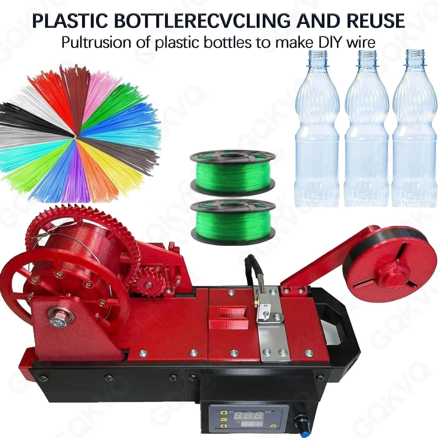 اکسترودر رومیزی فیلامنت برای چاپ سه بعدی، اکسترودر پرینتر سه بعدی، اکسترودر فیلامنت بطری های پلاستیکی، بازیافت کننده بطری پت بازیافتی برای خانواده ها، سازندگان DIY، استودیوهای کوچک - قرمز