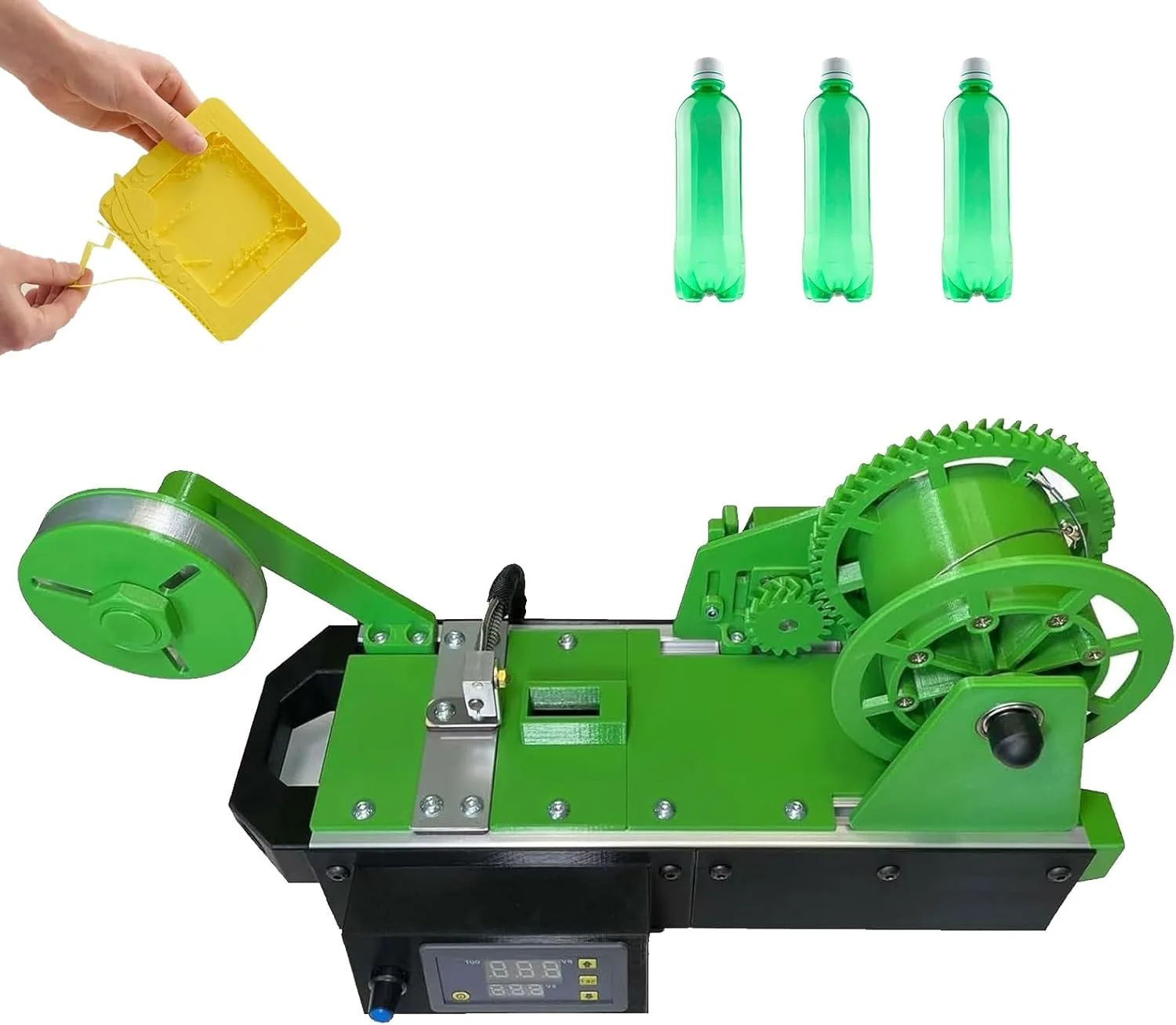 دستگاه تولید فیلامنت، فیلامنت سه بعدی تولید شده از بطری های پلاستیکی، بازیافت کننده بطری پلاستیکی با قابلیت تنظیم دما و سرعت، دستگاه بازیافت بطری PET، مناسب برای خانواده ها و استودیوهای کوچک (سبز)