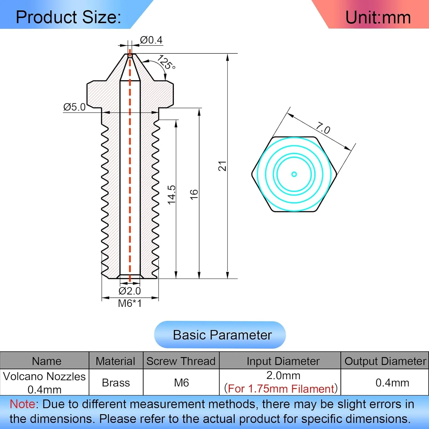 ۱۲ عدد نازل آتشفشانی ۰.۴ میلی‌متری، نازل‌های Vyper با رزوه M6، نازل اکسترودر هات‌اند آتشفشانی سازگار با آرتillery Genius، Sidewinder X1، X2، Anycubic Vyper، Anycubic Kobra Plus، Kobra Max برای فیلامنت ۱.۷۵ میلی‌متری