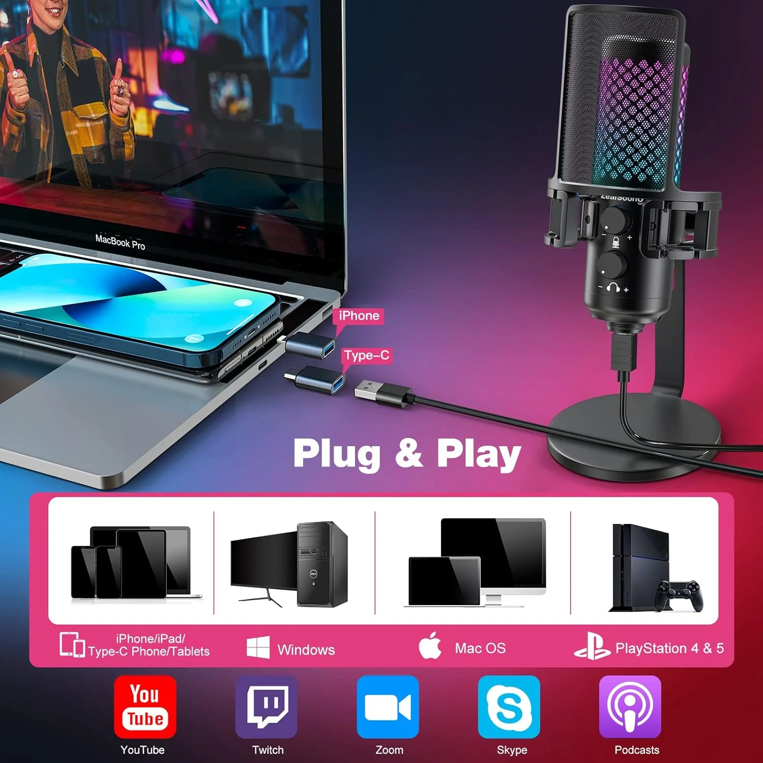 میکروفون USB ZealSound برای آیفون، آیپد، تلفن، کامپیوتر، میکروفون گیمینگ RGB با بدنه تمام فلزی، قطع صدا، فیلتر پاپ، گین برای پادکست، استریمینگ، یوتیوب، صداگذاری