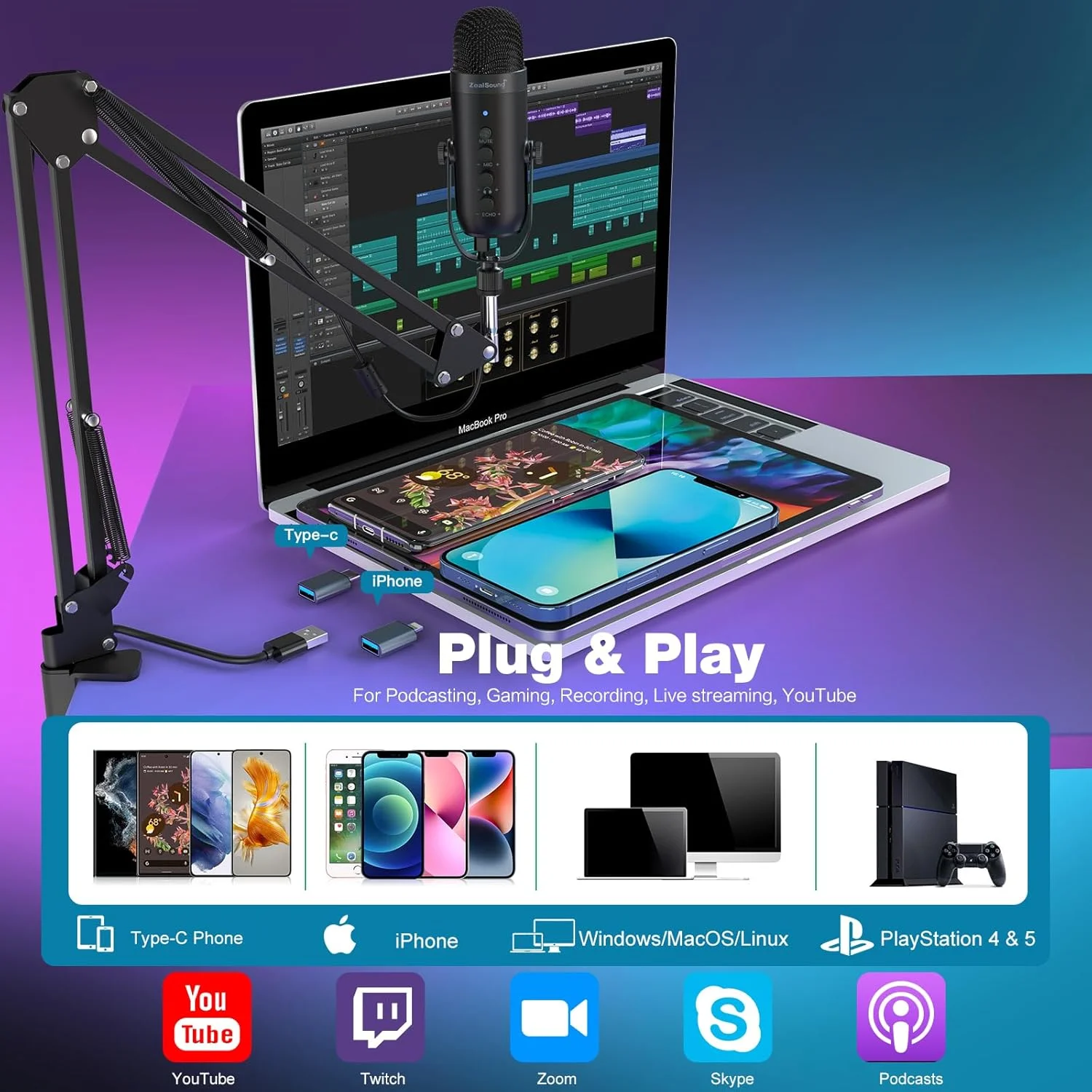 کیت میکروفون گیمینگ ZealSound، میکروفون USB کاندنسر پادکست با بازوی بوم، میکروفون سوپرکاردیوید با دکمه قطع صدا، ولوم اکو و گین، مانیتور قابل تنظیم برای تلفن، کامپیوتر و لپ تاپ (مشکی)