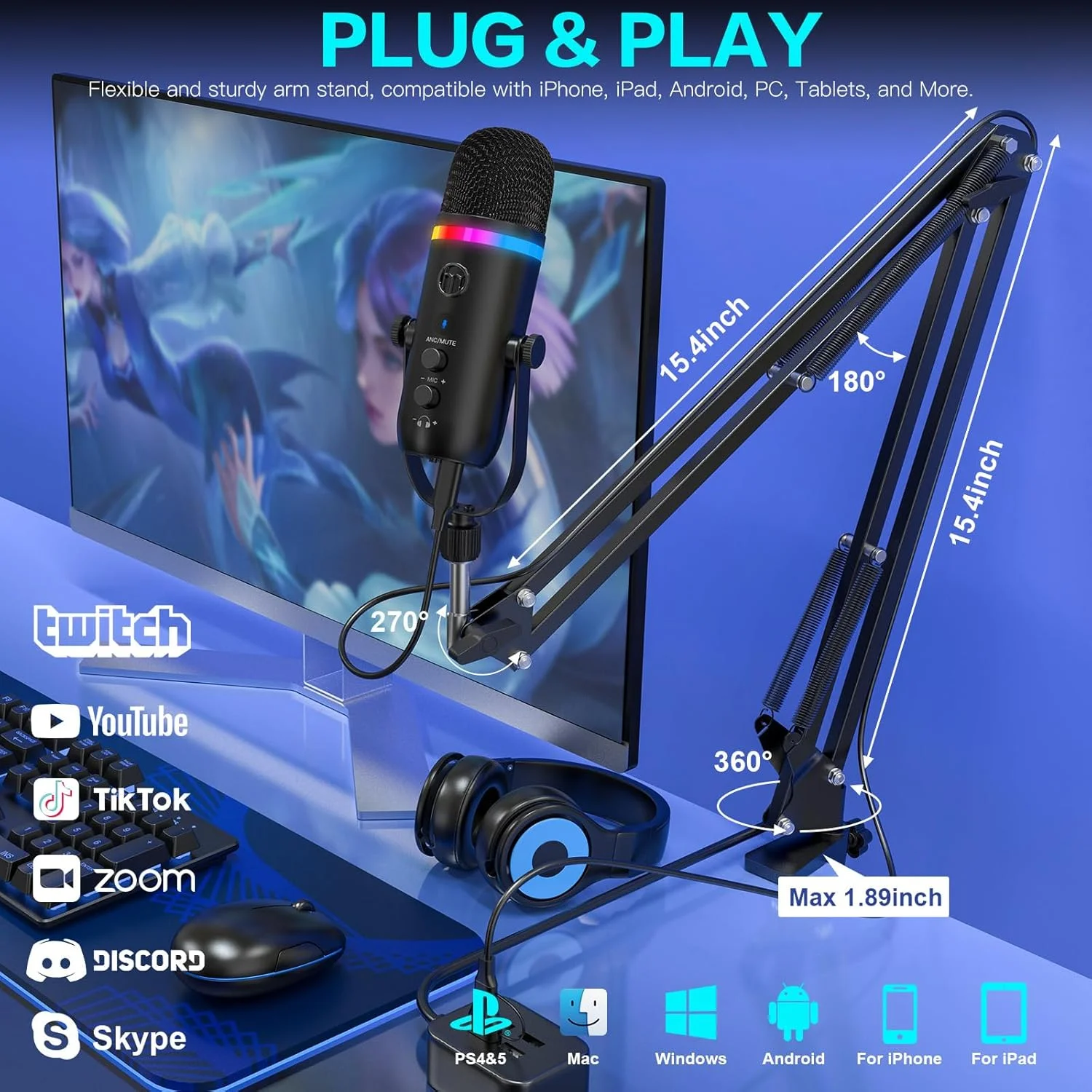 میکروفون پادکست ZealSound با حذف نویز، نورپردازی RGB، قطع صدا، کنترل گین، مانیتورینگ و اکو، میکروفون استودیویی USB با بازوی بوم و پاپ فیلتر برای PC، Mac، iPhone، استریمینگ، ضبط، TikTok، YouTube