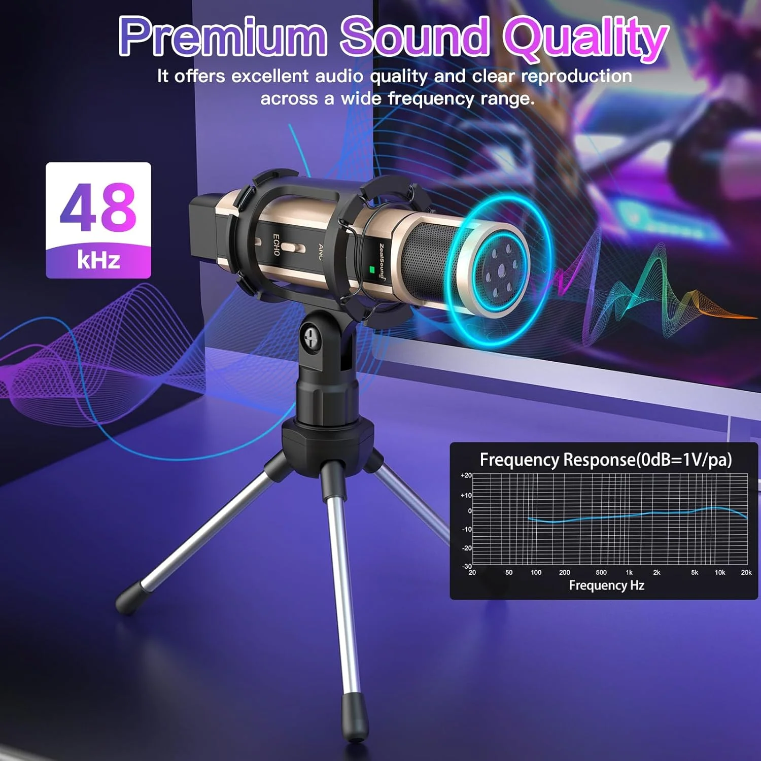میکروفون ZealSound، میکروفون USB و 3.5 میلی‌متری با آداپتور Type-C برای آیفون، کامپیوتر و تلفن، میکروفون کندانسور با اکو و تنظیم صدا، پایه سه‌پایه، پاپ فیلتر، برای ضبط ویدیو ASMR، استریمینگ و دیسکورد