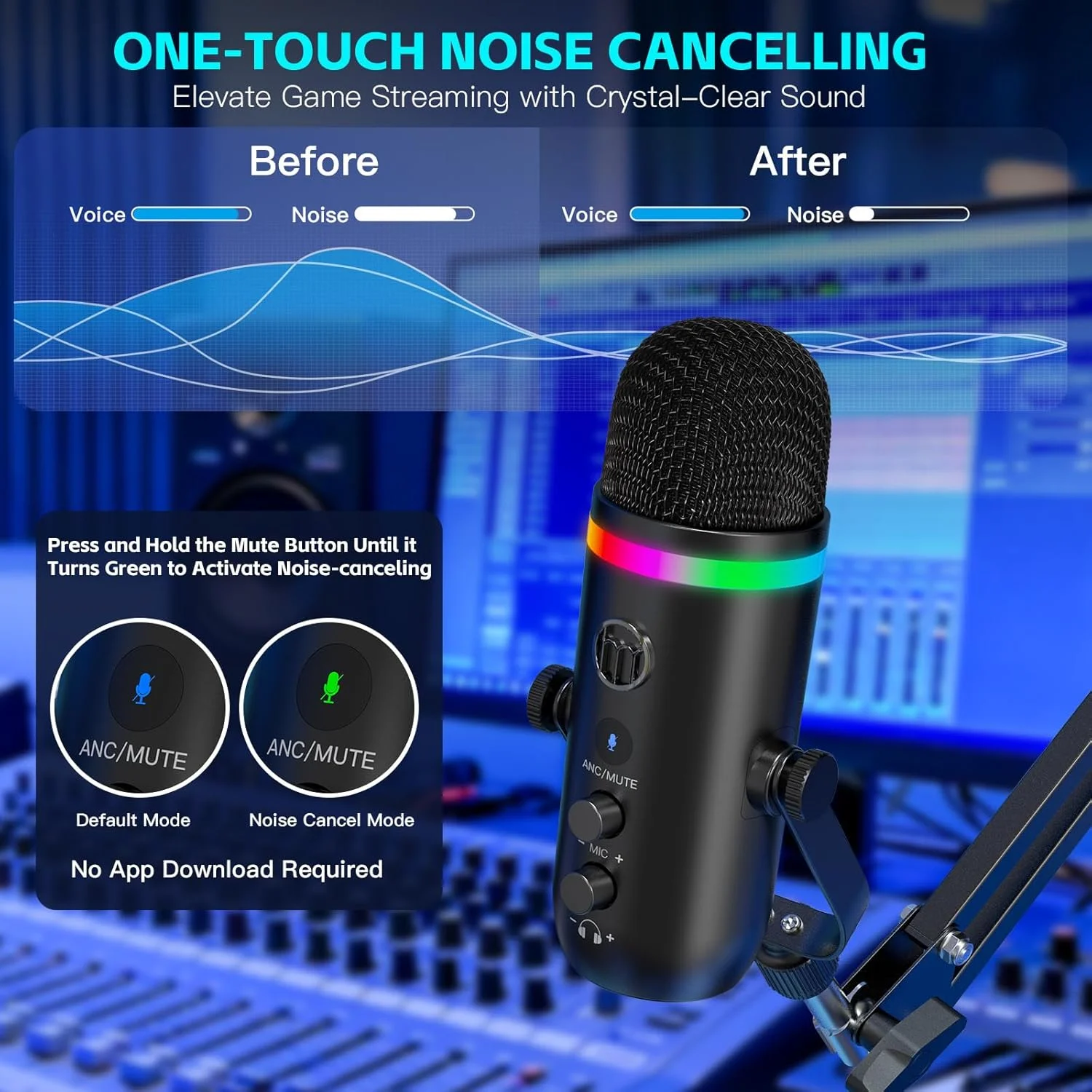 میکروفون پادکست ZealSound با حذف نویز، نورپردازی RGB، قطع صدا، کنترل گین، مانیتورینگ و اکو، میکروفون استودیویی USB با بازوی بوم و پاپ فیلتر برای PC، Mac، iPhone، استریمینگ، ضبط، TikTok، YouTube