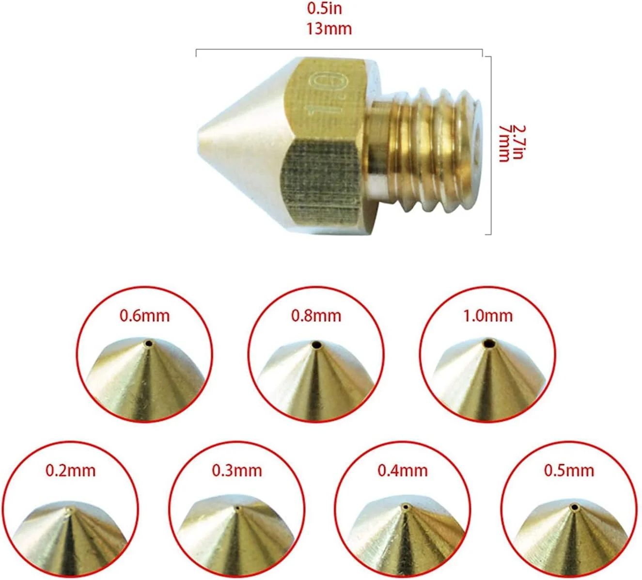 نازل ها، نازل پرینتر، نازل های برنجی، 7 عدد نازل مسی با رزوه M6 با قطر 0.2/0.3/0.4/0.5/0.6/0.8/1.0 میلی متر برای اکسترودر پرینتر سه بعدی با فیلامنت 1.75 میلی متری