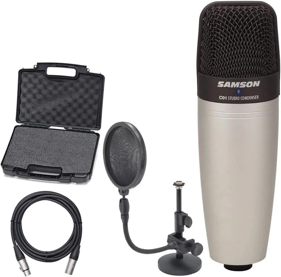 میکروفون کاندنسر دیافراگم بزرگ SAMSON C01 به همراه پایه میکروفون، پاپ فیلتر و کابل میکروفون XLR مناسب استودیوی ضبط
