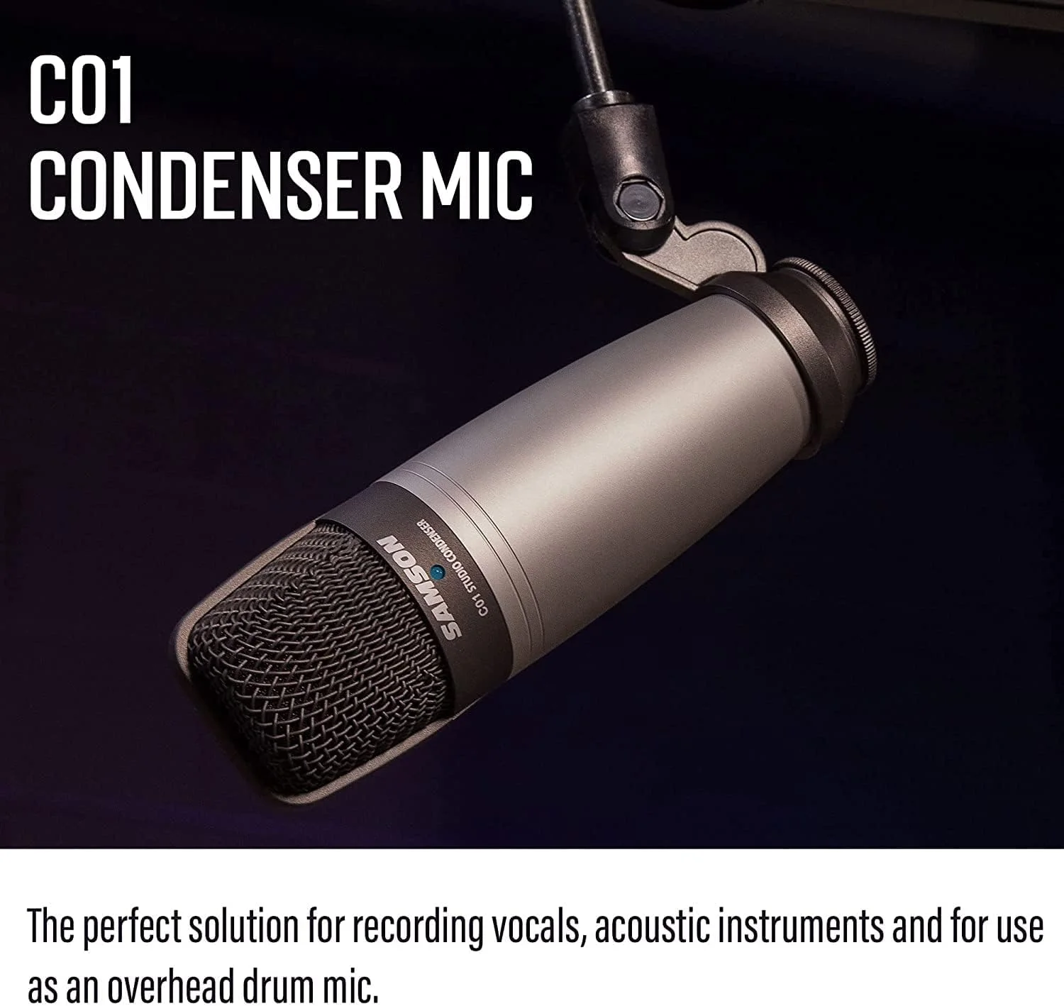 میکروفون کاندنسر دیافراگم بزرگ SAMSON C01 به همراه پایه میکروفون، پاپ فیلتر و کابل میکروفون XLR مناسب استودیوی ضبط