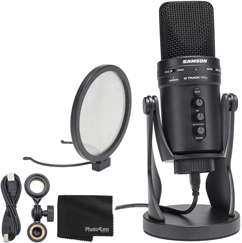 میکروفون استودیویی USB 24 بیتی Samson G-Track Pro با رابط صوتی به همراه پاپ فیلتر G-Track Pro و پارچه تمیز کننده - بسته میکروفون با ارزش