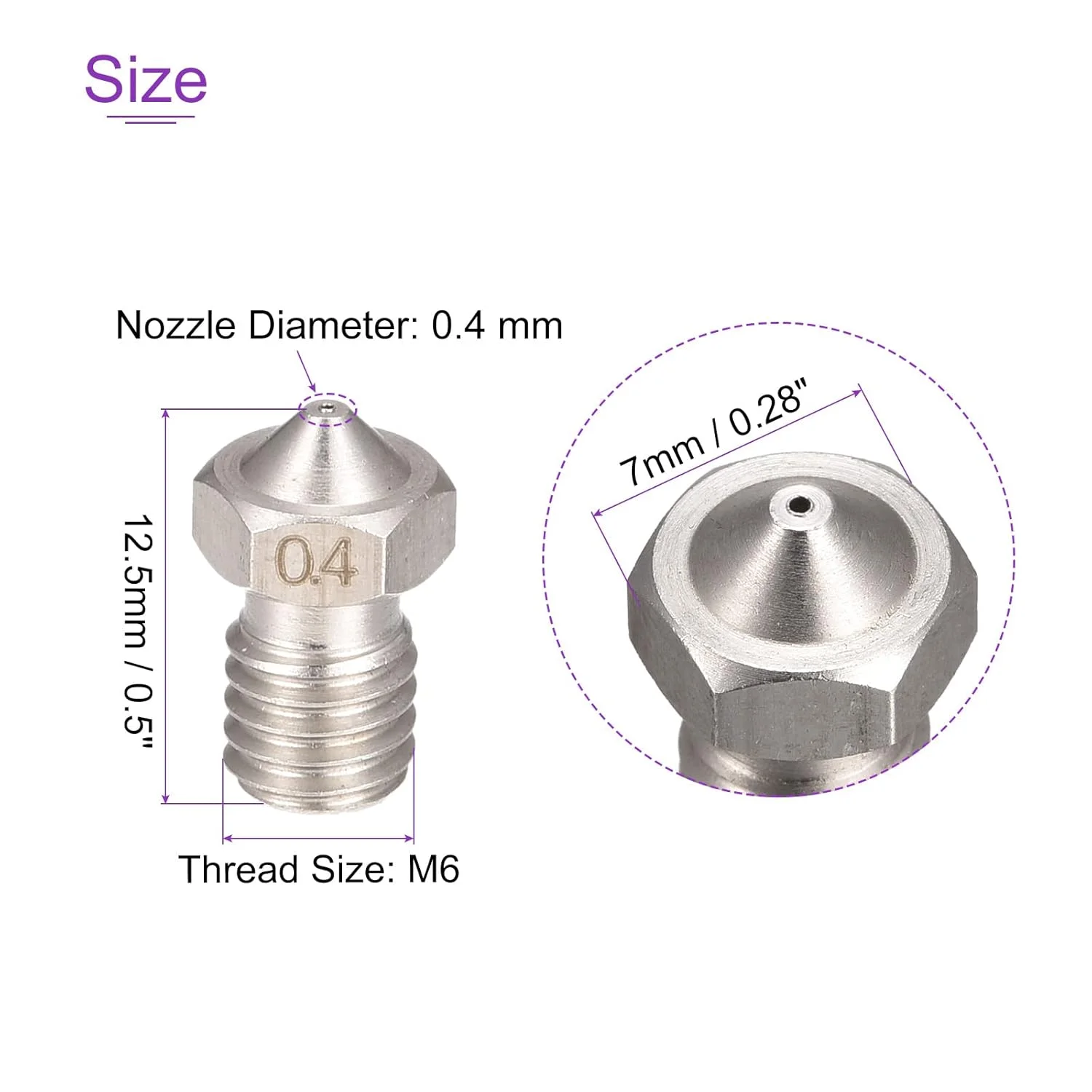 DMiotech بسته 4 عددی نازل پرینتر سه بعدی 0.4 میلی متری، نازل فولاد ضد زنگ برای اکسترودر V5 V6، فیلامنت 1.75 میلی متری