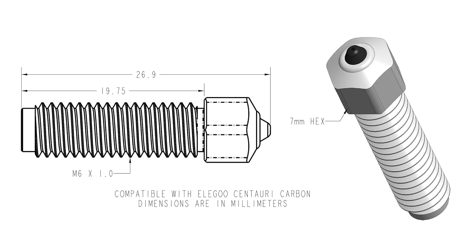 نازل‌های Diamondback – سازگار با Elegoo Centauri Carbon – نازل‌های پرینتر سه بعدی با نوک الماس جامد پلی کریستالی، اکستروژن بهبود یافته، مناسب برای انواع فیلامنت، عمر طولانی، مقاوم در برابر سایش (0.4 میلی‌متر)