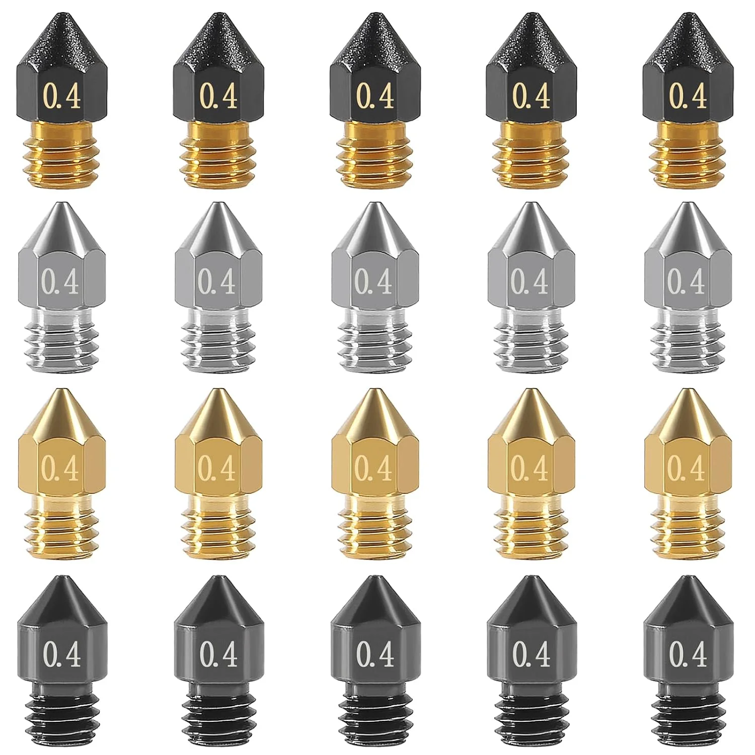 نازل پرینتر سه بعدی MK8 DIANN، ۲۰ عددی، فولاد سخت شده ۰.۴ میلی متری + استیل ضد زنگ + نازل اکسترودر برنجی MK8، نازل های برنجی PTFE