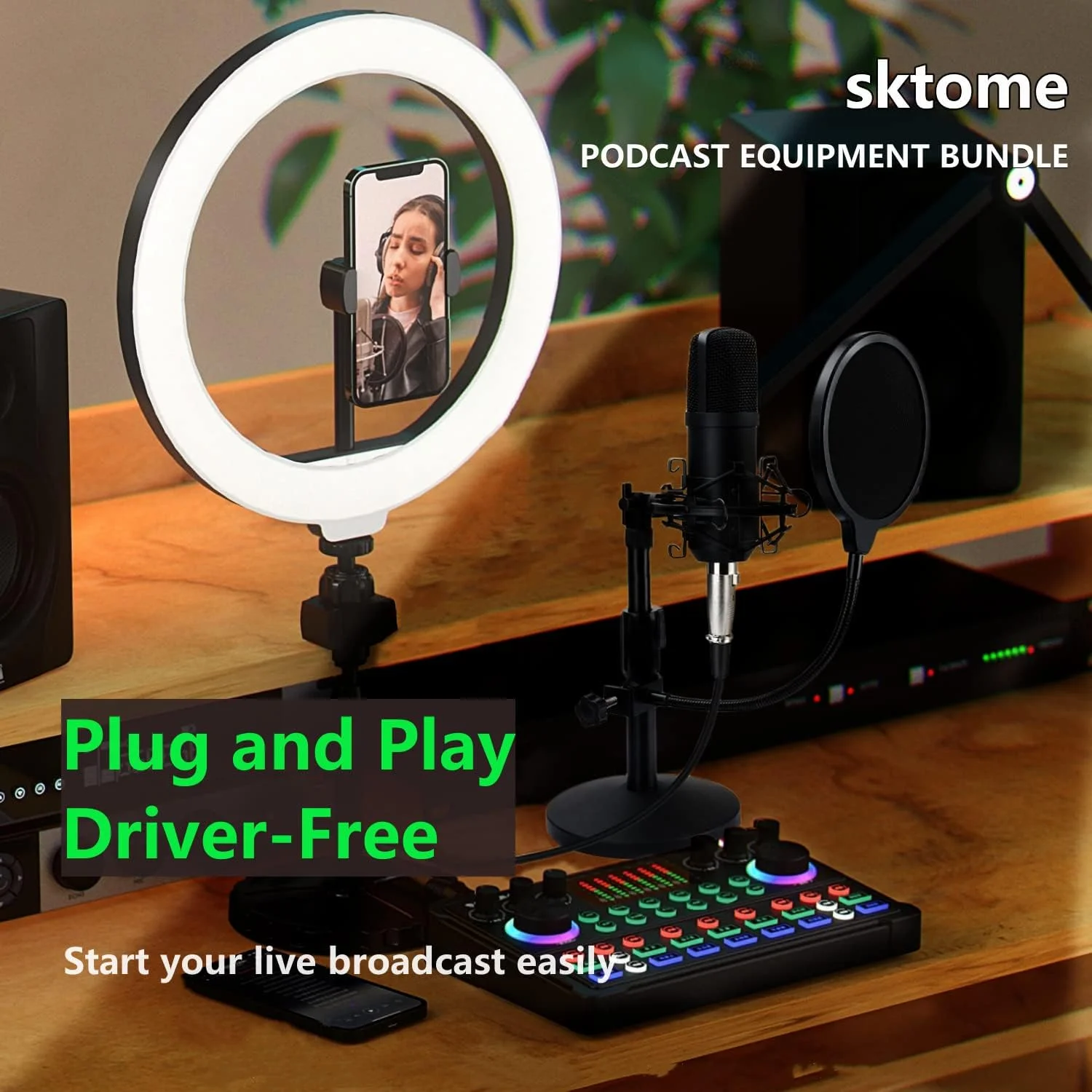 مجموعه تجهیزات پادکست، میکروفون پادکست XLR 48 ولت، تغییر دهنده صدا با پایه میکروفون قابل تنظیم، میکروفون استودیویی کندانسور برای تلفن هوشمند، رایانه شخصی، دی جی، ضبط ویدئو، استریم، بازی و آواز