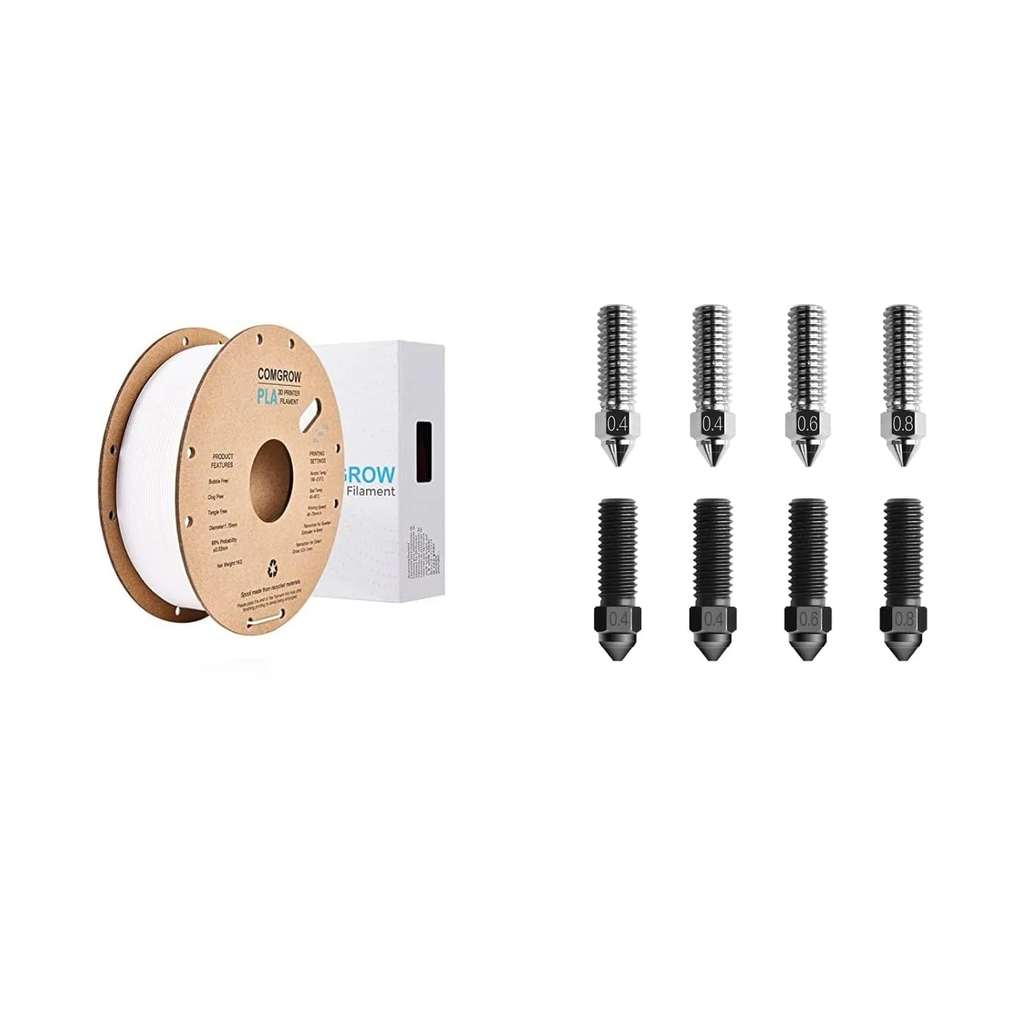 فیلامنت پرینتر سه بعدی PLA کامگرو، فیلامنت PLA پرینتر سه بعدی 1.75 میلی متر 1 کیلوگرم سفید و کیت نازل K1 0.4 میلی متر 0.6 میلی متر 0.8 میلی متر، 4 عدد نازل فولادی سخت شده و 4 عدد نازل اکسترودر آلیاژ مس