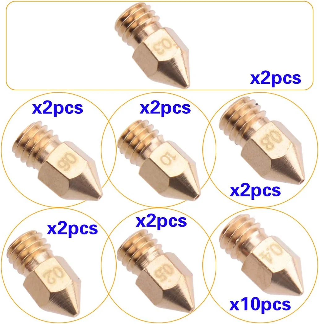 مجموعه 22 عددی نازل MK8 با قطر 1.75 میلی‌متر، سایزهای 0.2 تا 1.0 میلی‌متر، مناسب برای اکسترودر پرینتر سه بعدی Creality CR-10 Ender 3