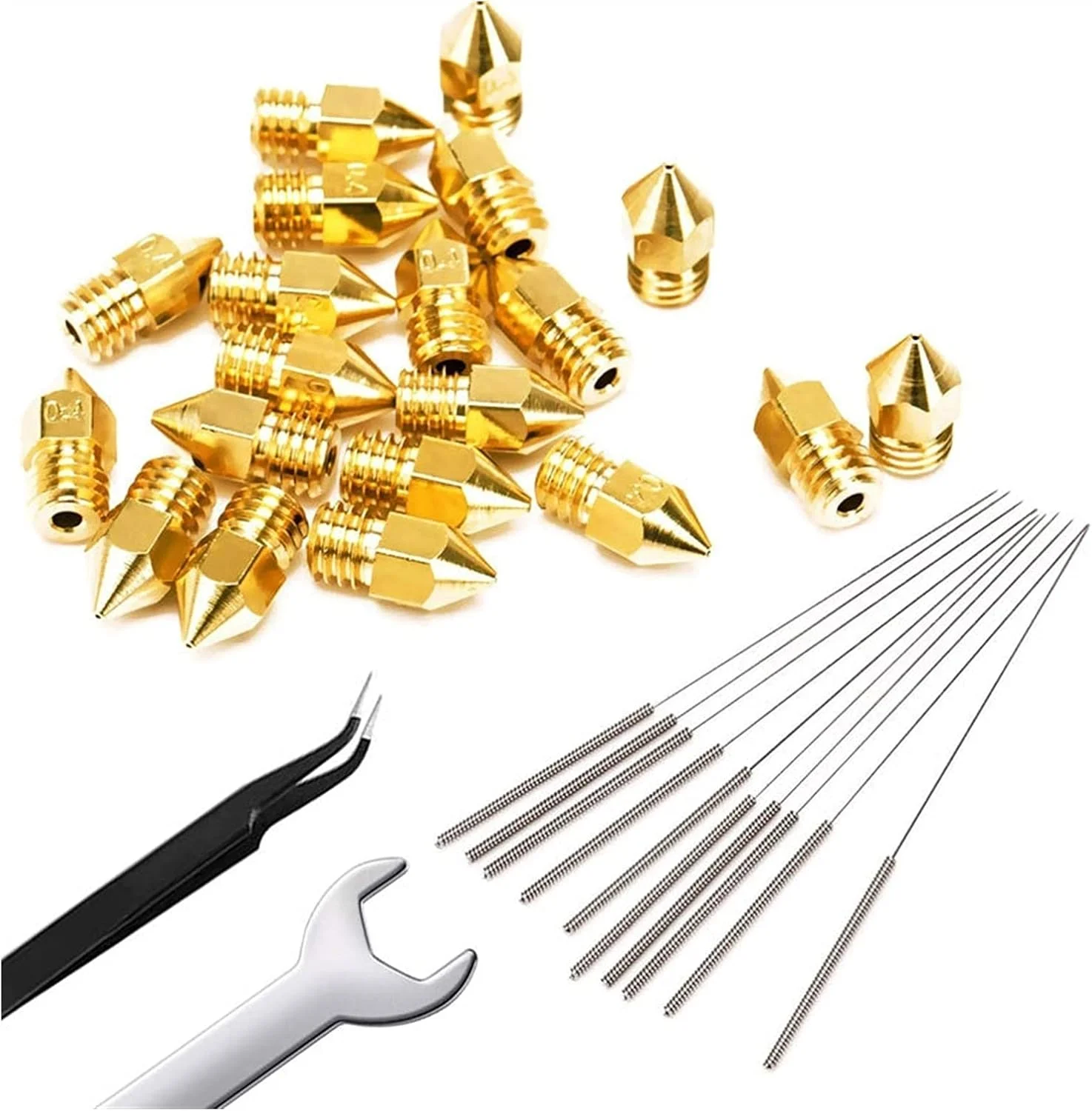 ۲۰ عدد نازل برنجی ۰.۴ میلی‌متری MK8، به همراه ۱۰ سوزن تمیز کننده استیل ضد زنگ، مجموعه اکسترودر، لوازم جانبی پرینتر سه بعدی