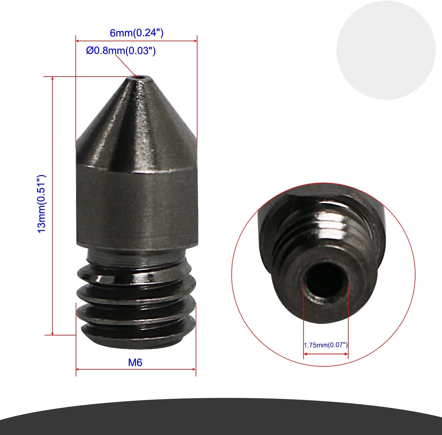 نازل های اکسترودر Aopin M6 1.75mm پرینتر سه بعدی 0.8mm / 0.031" کاربید سیمانی فولادی، 2 عدد نازل های اکسترودر Aopin M6 1.75mm پرینتر سه بعدی 0.8mm / 0.031" کاربید سیمانی فولادی، 2 عدد