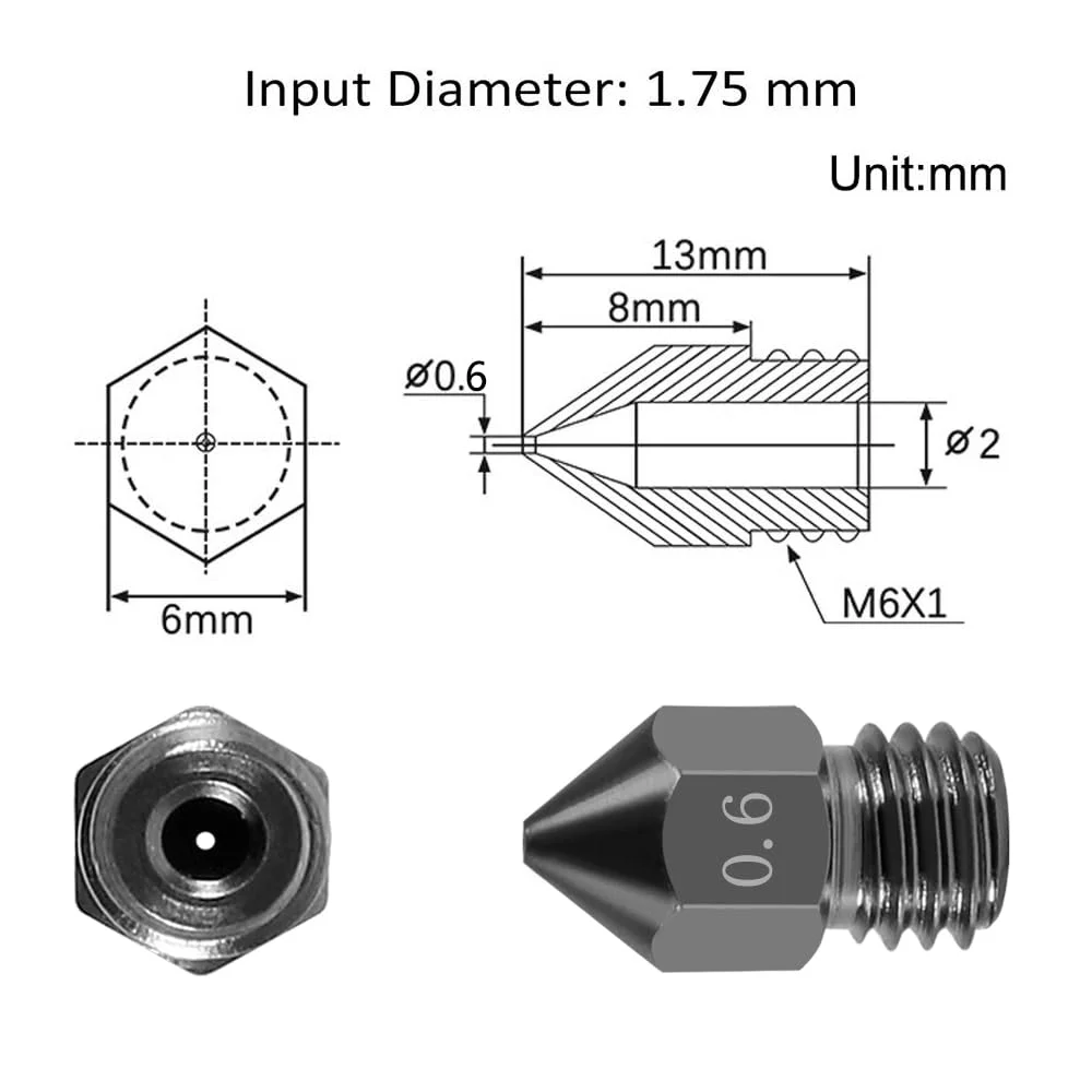 نازل های فولادی سخت شده 0.6 میلی متری MK8 آوکین، 5 عدد، نازل های پرینتر سه بعدی مقاوم در برابر سایش در دمای بالا برای Creality Ender 3/3 Pro/3 V2، Ender 5/5 Pro، CR-10/10S، Makerbot، همراه با آچار تخت