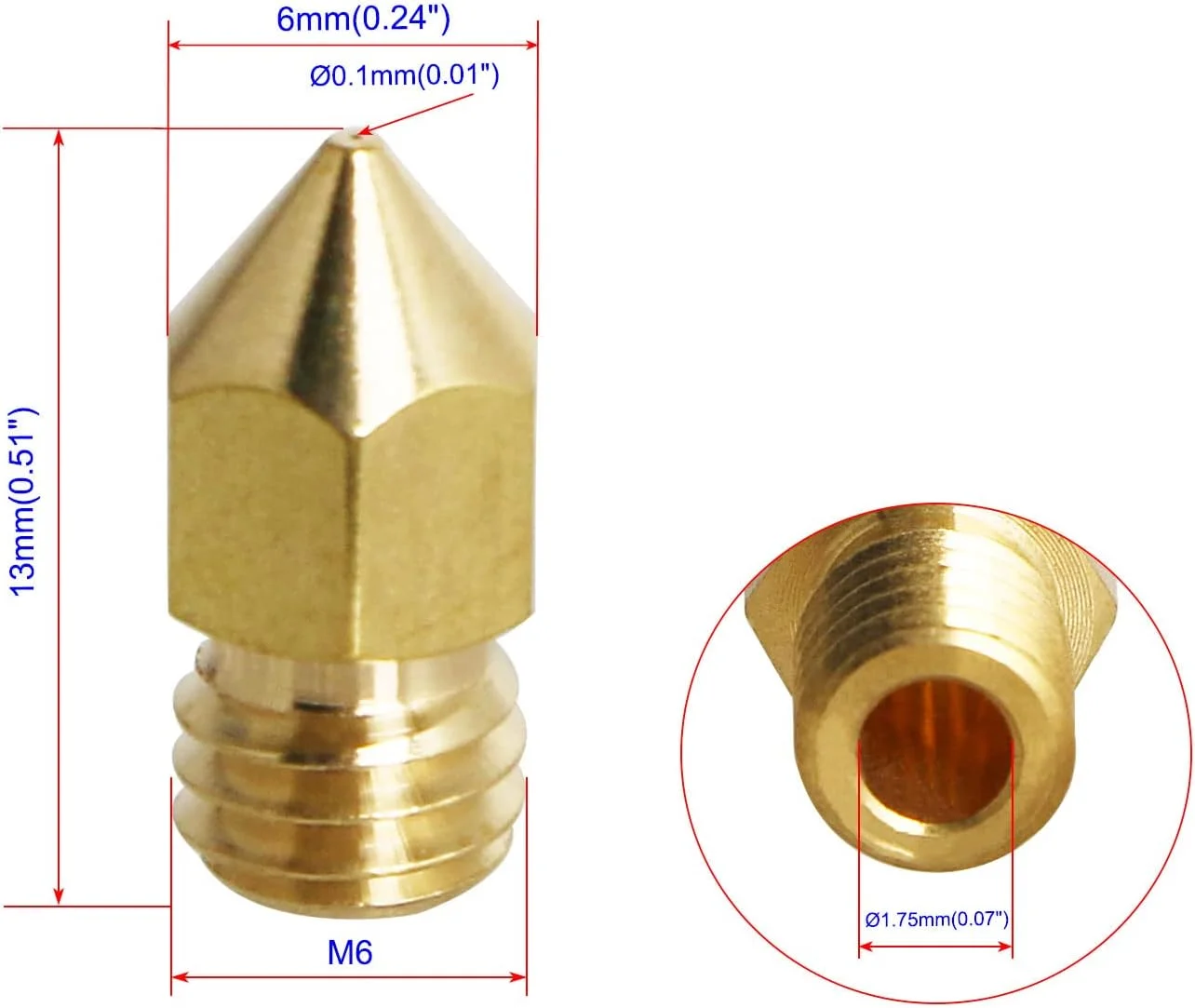 نازل های اکسترودر M6 Aopin، نازل های پرینتر سه بعدی 0.1 میلی متر / 0.004 اینچ برنجی، 10 عدد