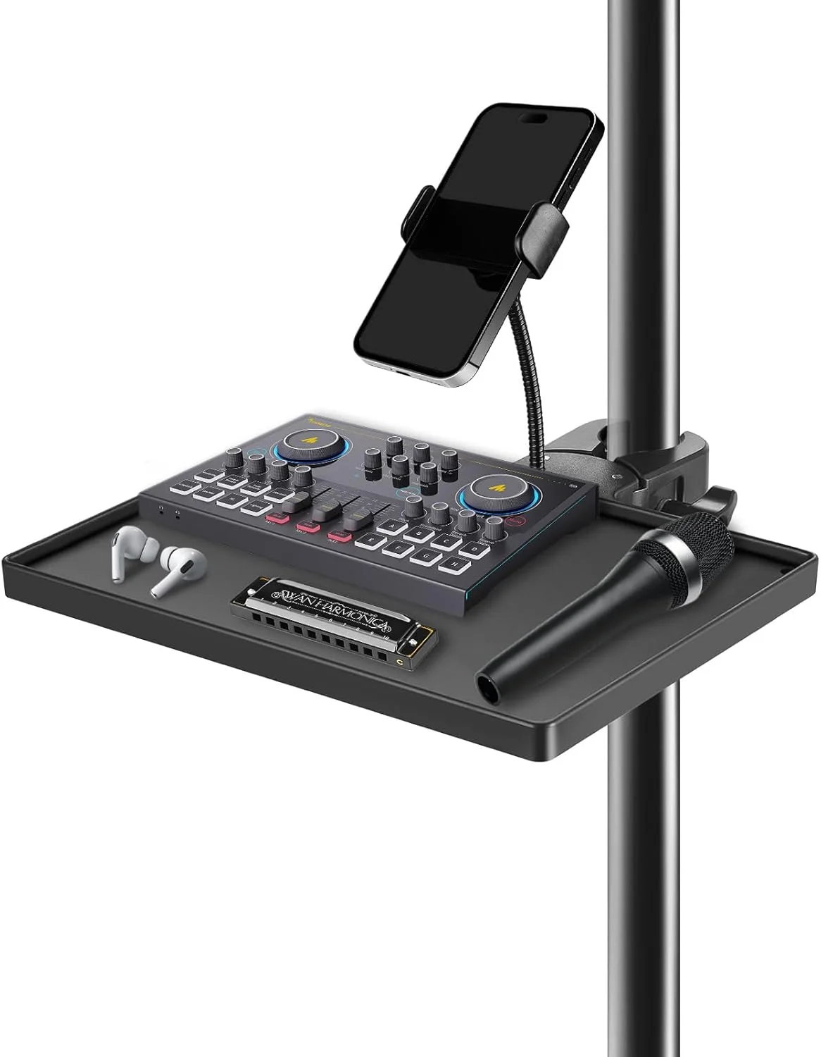 سینی پایه میکروفون BILIONE به همراه نگهدارنده تلفن گردن غازی، 27 در 20 سانتی متر، گیره خرچنگی سینی پایه میکروفون قابل نصب روی پایه نت موسیقی، لوازم جانبی کارائوکه