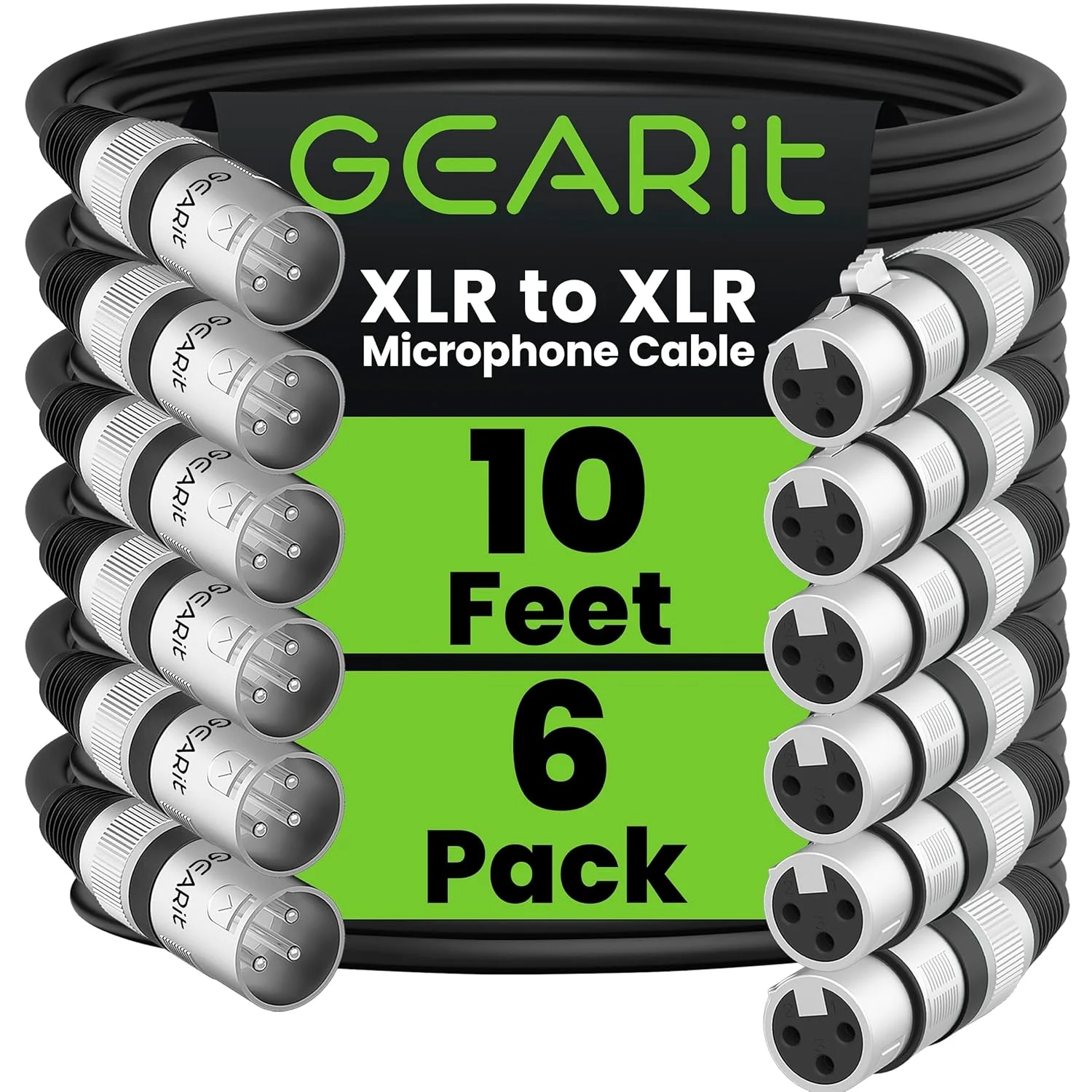 کابل میکروفون XLR نری به مادگی GEARit (3 متر، بسته 6 عددی) 3 پین بالانس شیلددار برای میکسر، استودیوی ضبط، پادکست - مشکی