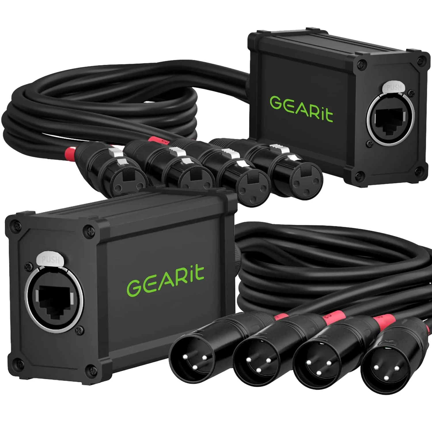 کابل مبدل 4 کاناله GearIT (کابل خروجی 60 سانتی متری) 3 پین XLR به Ethercon RJ45 Cat5/Cat6 - دارای 4 عدد XLR (2 نری، 2 مادگی) مناسب برای استیج زنده، صدا، نورپردازی و استودیو ضبط صدا