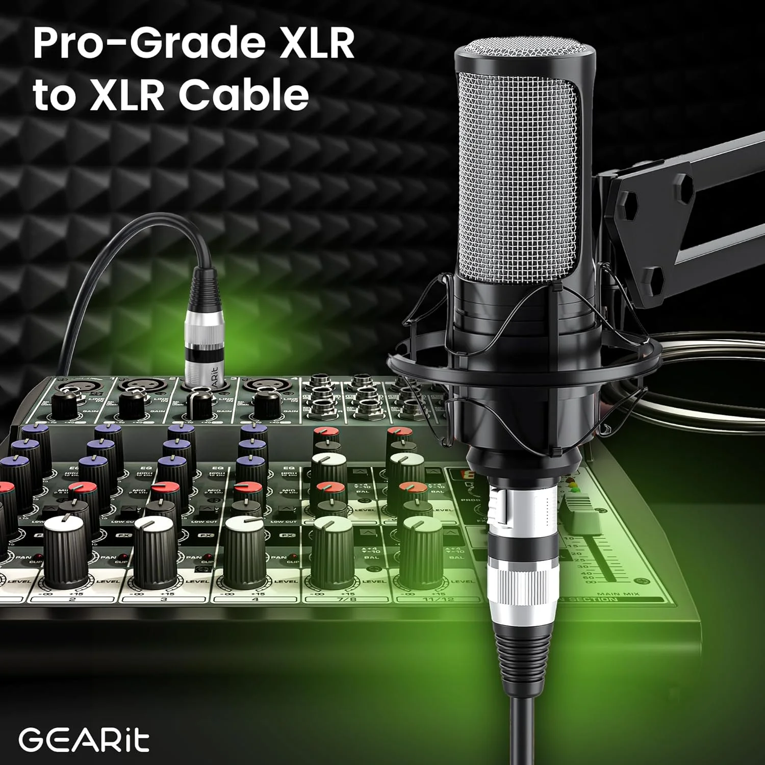 کابل میکروفون XLR نری به مادگی GEARit (3 متر، بسته 6 عددی) 3 پین بالانس شیلددار برای میکسر، استودیوی ضبط، پادکست - مشکی