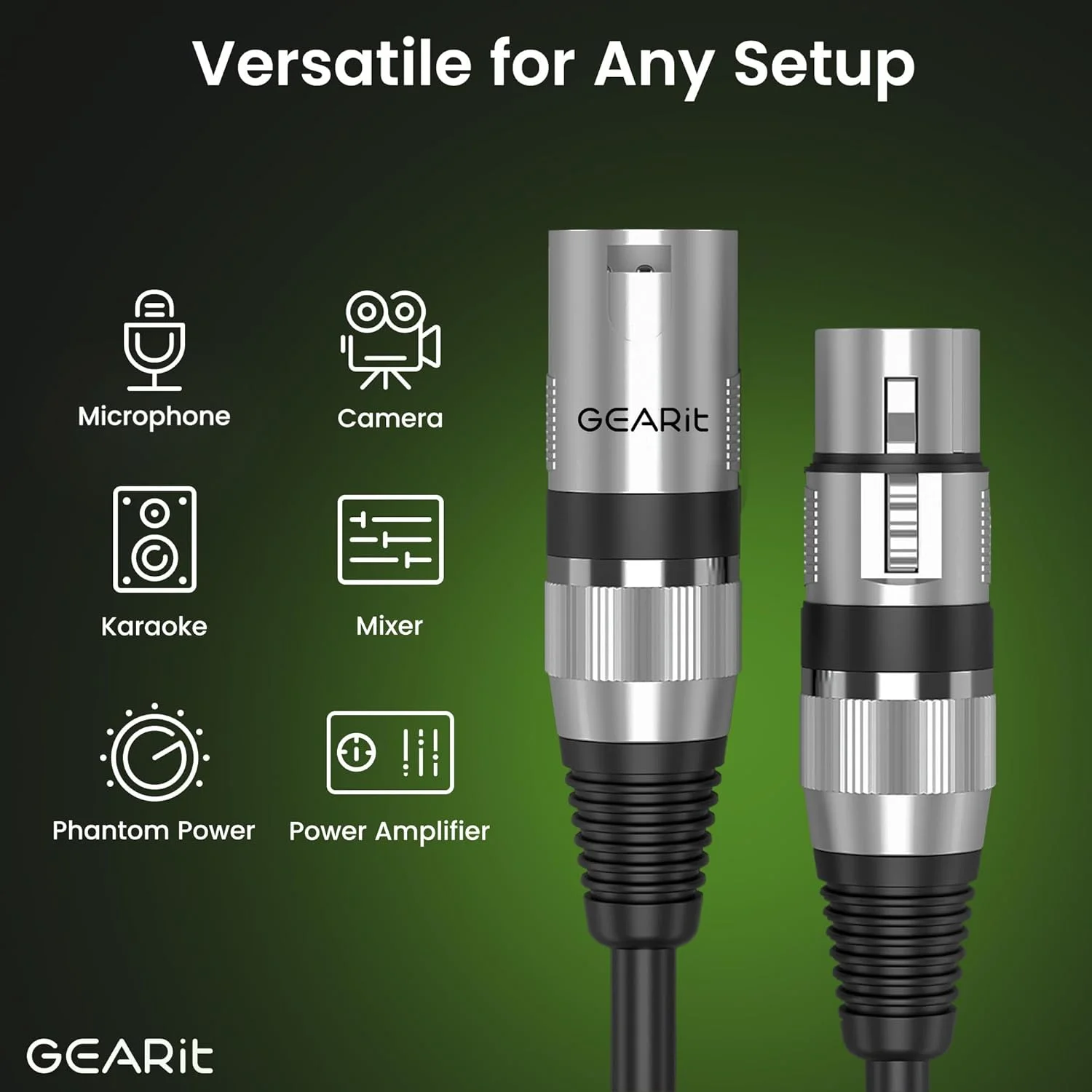 کابل میکروفون XLR نری به مادگی GEARit (3 متر، بسته 6 عددی) 3 پین بالانس شیلددار برای میکسر، استودیوی ضبط، پادکست - مشکی