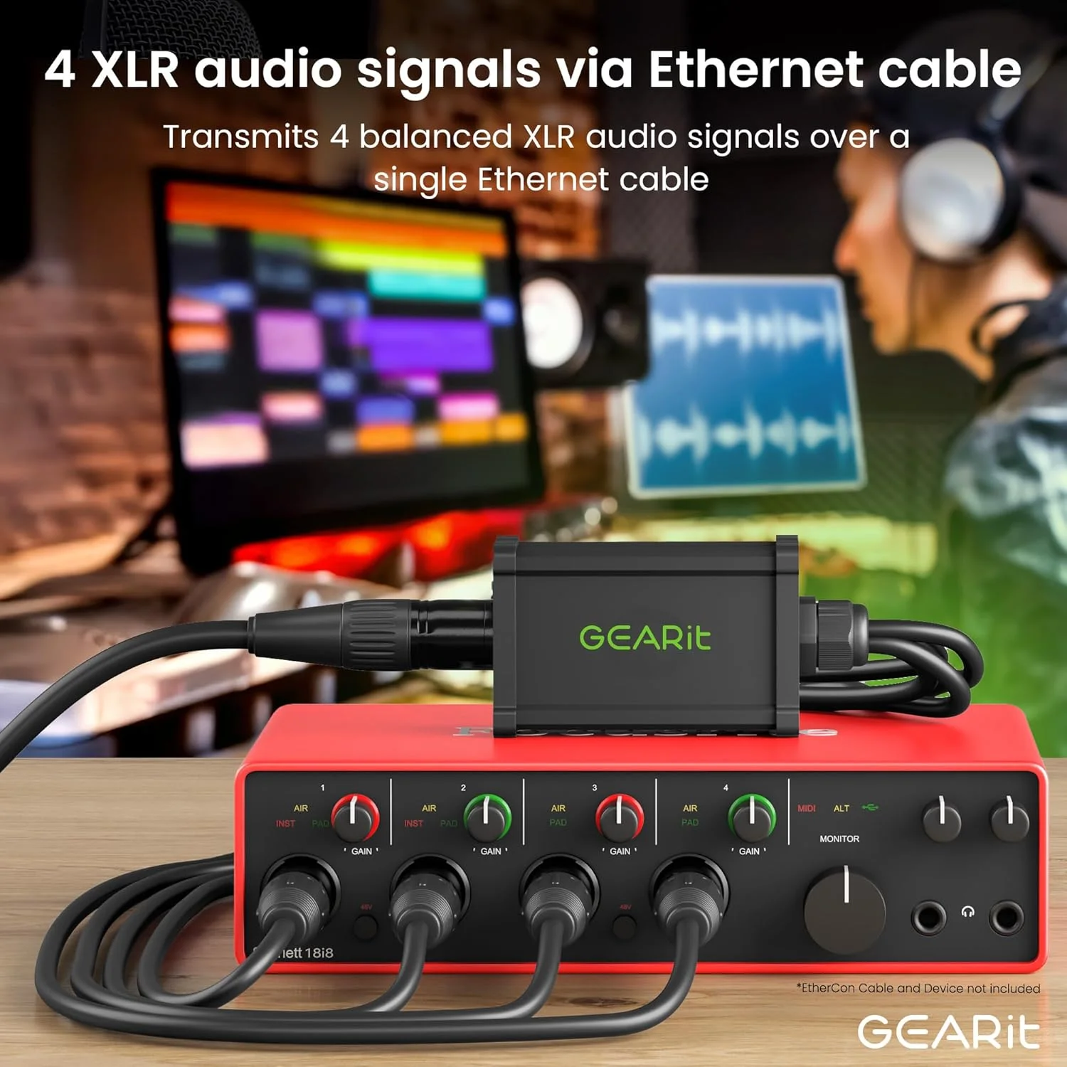 کابل مبدل 4 کاناله GearIT (کابل خروجی 60 سانتی متری) 3 پین XLR به Ethercon RJ45 Cat5/Cat6 - دارای 4 عدد XLR (2 نری، 2 مادگی) مناسب برای استیج زنده، صدا، نورپردازی و استودیو ضبط صدا