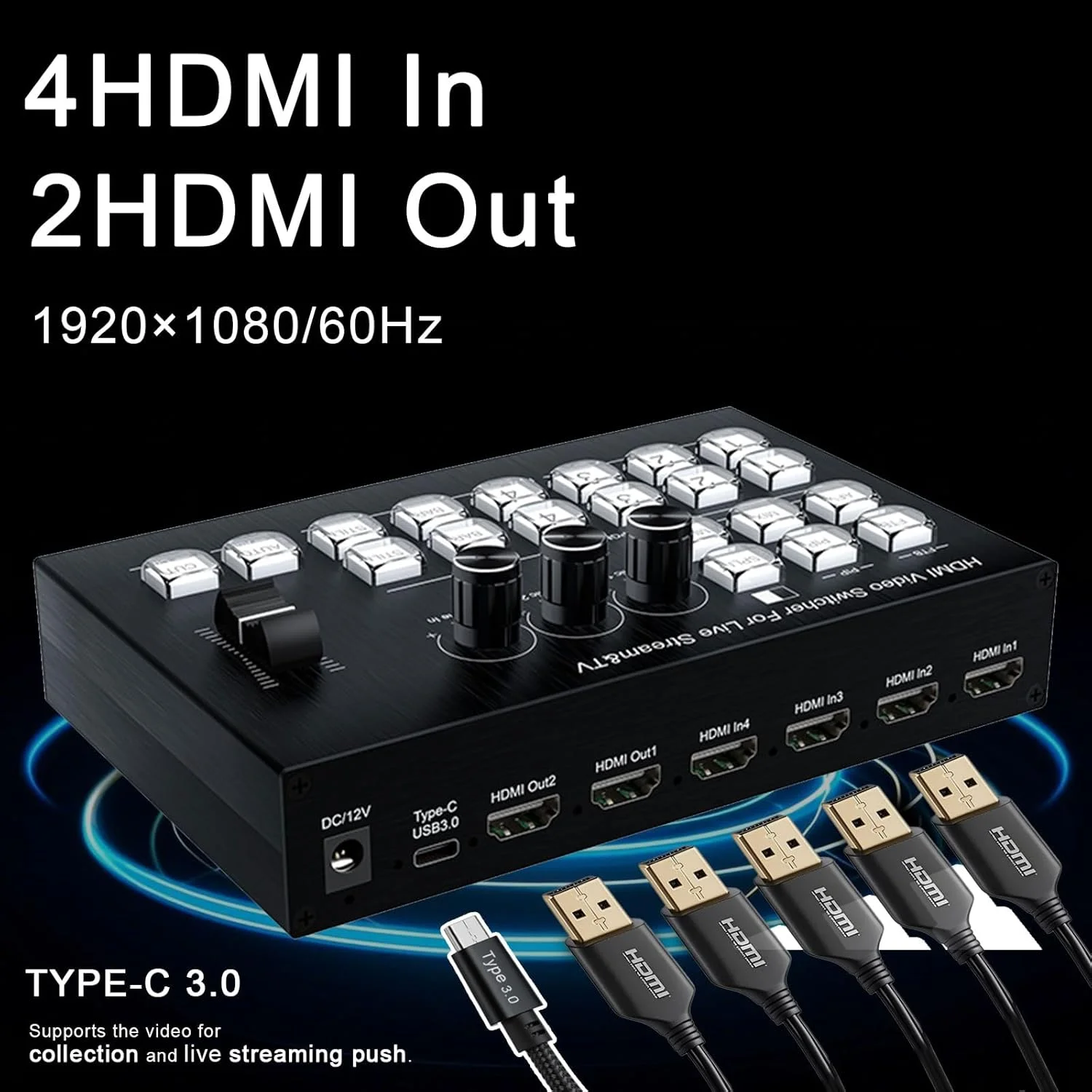 میکسر ویدیویی پخش زنده، 4 ورودی HDMI 4 کانال سوئیچر ویدیو 2 خروجی سوئیچر HDMI، پشتیبانی از 1080P@60Hz، HDCP 1.4، میکسر صوتی دیجیتال پخش حرفه ای