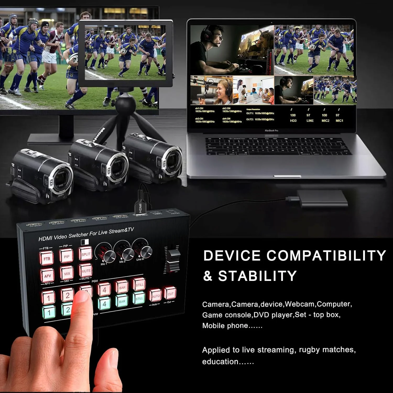 میکسر ویدیویی پخش زنده، 4 ورودی HDMI 4 کانال سوئیچر ویدیو 2 خروجی سوئیچر HDMI، پشتیبانی از 1080P@60Hz، HDCP 1.4، میکسر صوتی دیجیتال پخش حرفه ای