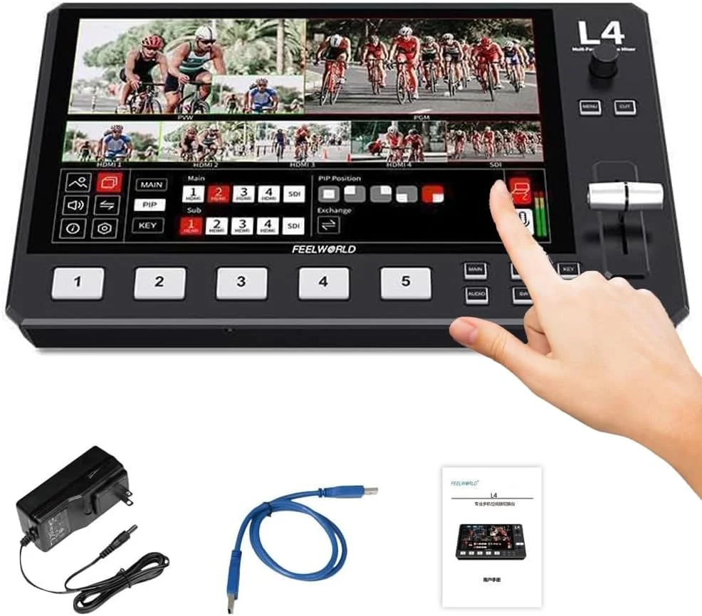 میکسر سوئیچر ویدئویی چند دوربینه FEELWORLD L4 با صفحه لمسی 10.1 اینچی USB3.0 برای استریم سریع، مناسب برای عروسی، فعالیت های کلیسا، رویدادهای ورزشی، کلاس های آنلاین، تجارت زنده و کنسرت های زنده و غیره