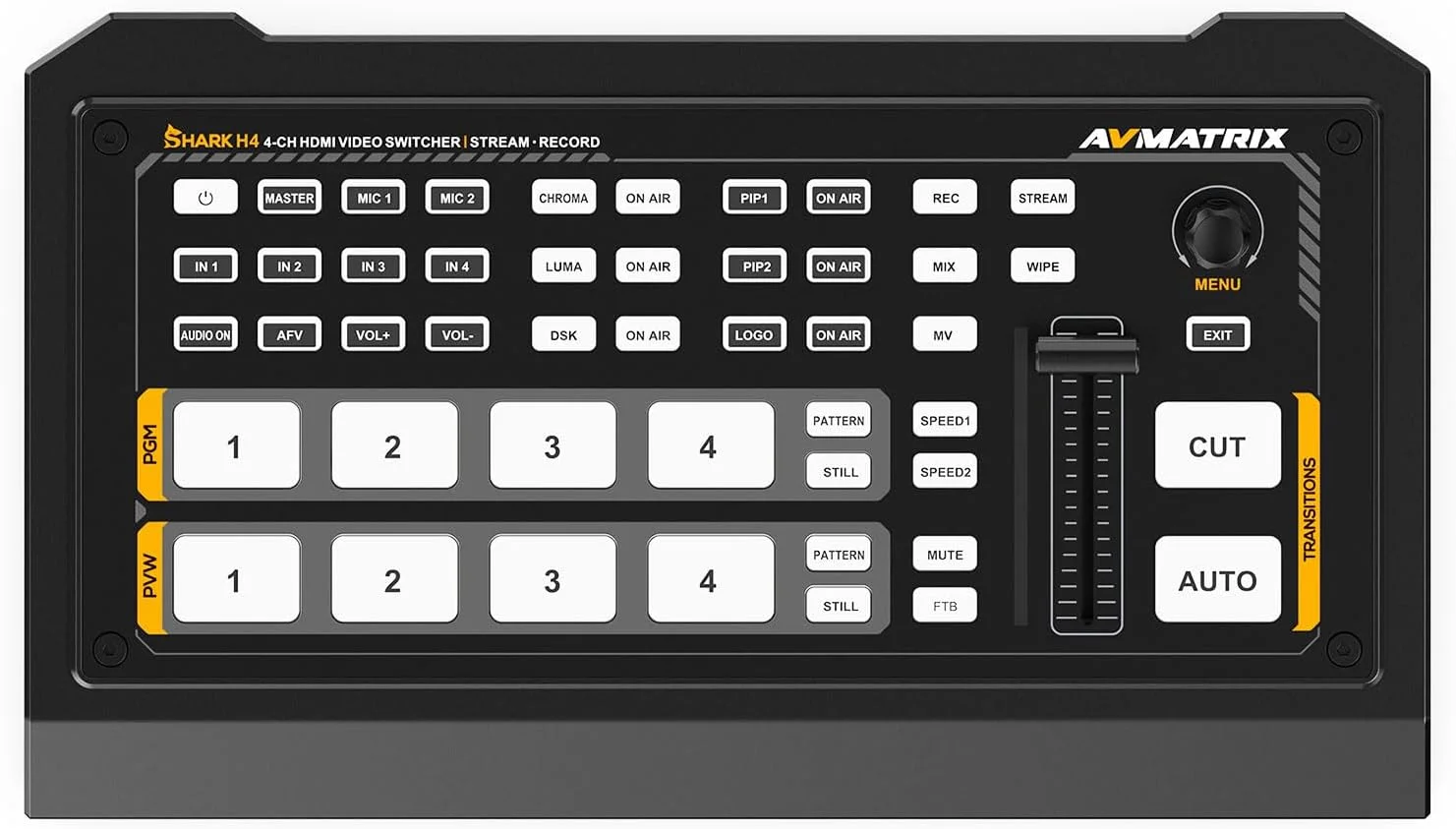 میکسر و سوئیچر ویدئویی AVMATRIX Shark H4 با 4 ورودی HDMI، ضبط کننده USB و کارت SD برای پخش زنده