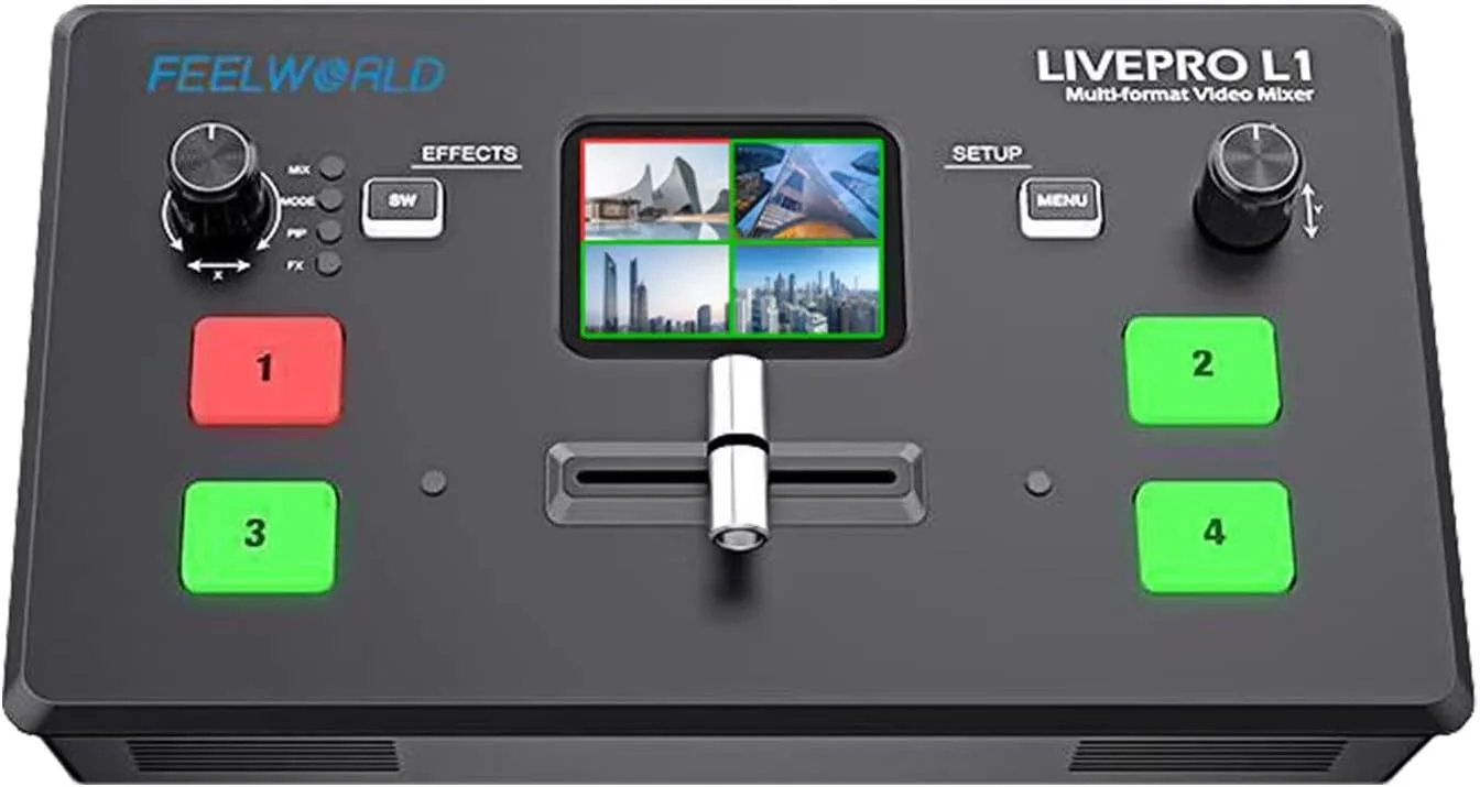 میکسر سوئیچر ویدیویی چند دوربینه FEELWORLD L1 با نمایشگر LCD 2 اینچی، 4 ورودی HDMI، خروجی USB 3.0 برای پخش زنده/تولید دوربین/پخش زنده (همراه با کابل USB + آداپتور)