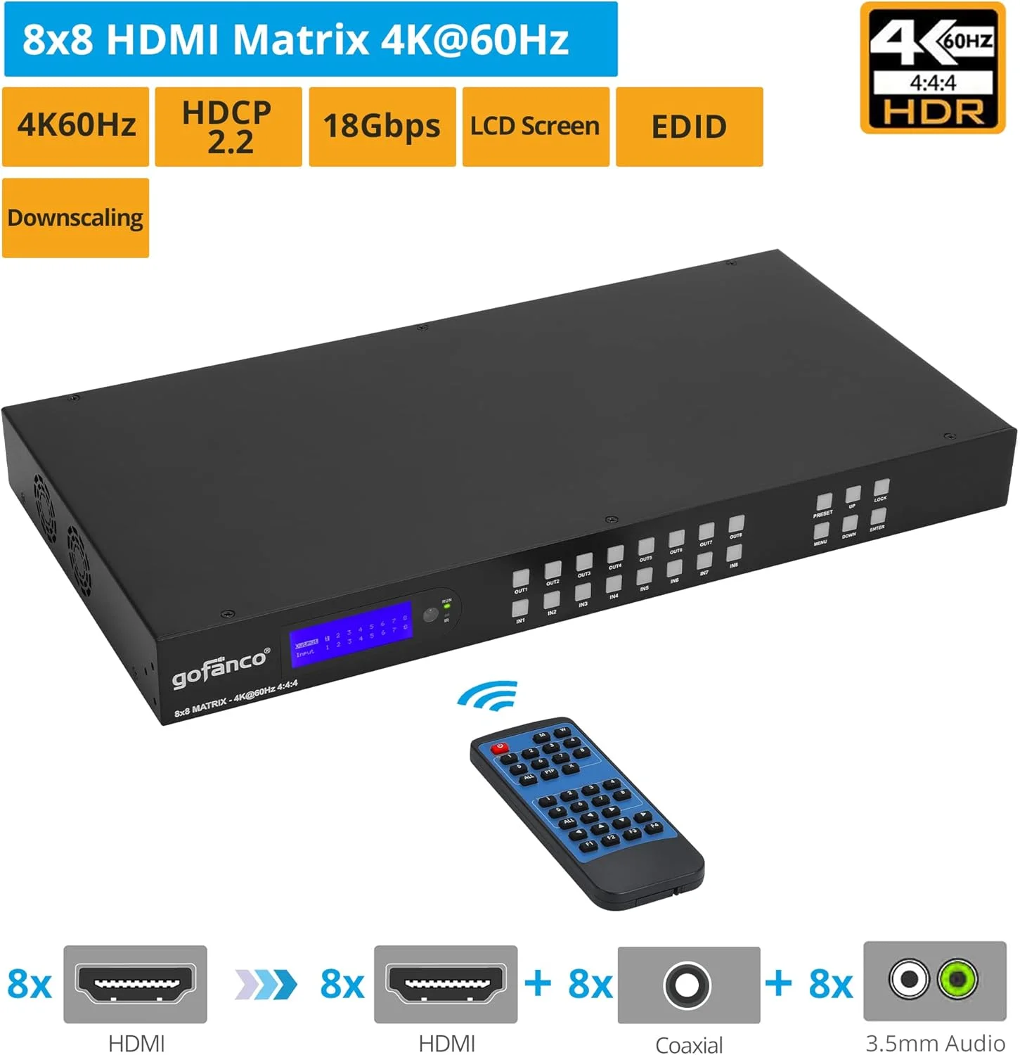 سوئیچ ماتریکس HDMI هشت در هشت gofanco با صفحه نمایش LCD – 1U، 4K 60Hz 4:4:4، HDCP 2.2/1.4، کاهش مقیاس خودکار، پشتیبانی از Dolby Vision، HDR، HDR10، HLG، Atmos، تعبیه/استخراج صدا، EDID، رابط کاربری وب (Matrix88HD2)