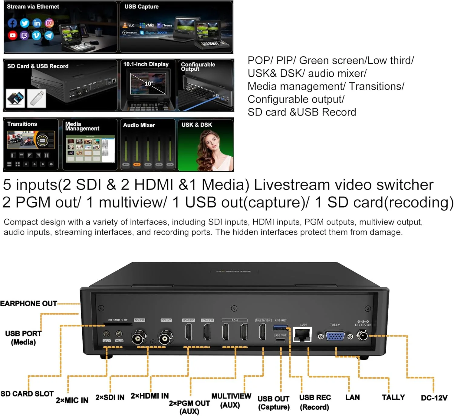 میکسر سوئیچر چند دوربینه AVMATRIX با صفحه نمایش 10.1 اینچی FHD، دارای 4 ورودی SDI/HDMI، 6 صدا، ضبط USB/SD-Card، خروجی LAN و USB برای استودیوهای حرفه ای/پزشکی از راه دور/کنفرانس از راه دور/آموزش از راه دور