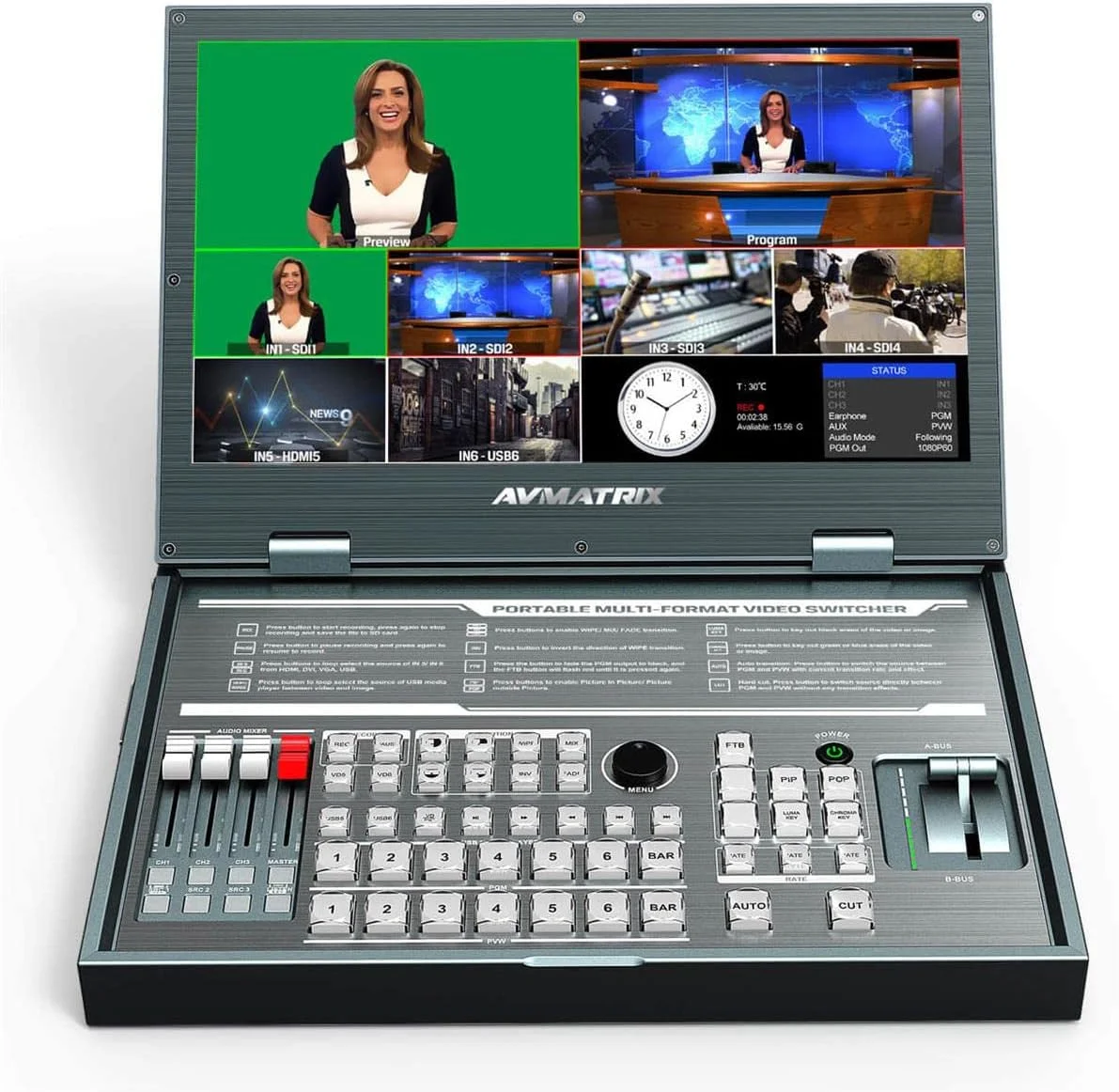 سوییچر استریمینگ قابل حمل 6 کاناله SDI/HDMI چند فرمتی AVMATRIX PVS0615U با صفحه نمایش 15.6 اینچی سوییچر استریمینگ قابل حمل 6 کاناله SDI/HDMI چند فرمتی AVMATRIX PVS0615U با صفحه نمایش 15.6 اینچی