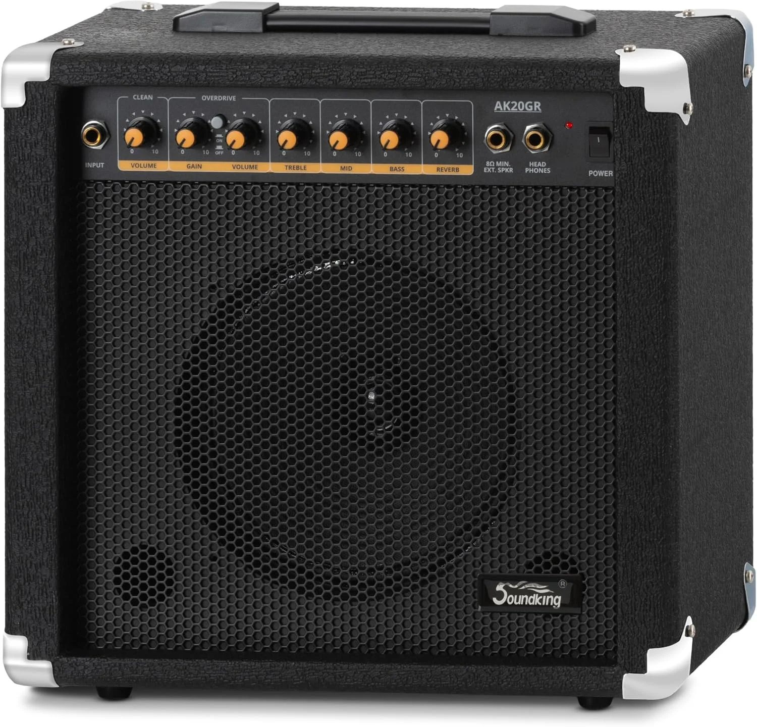 آمپلی فایر گیتار Soundking AK20-GR، 60 وات - اکولایزر 3 باندی - اسپیکر 8 اینچی با 2 کانال، کلین و اوردرایو - خروجی هدفون و اتصال بلندگو - آمپلی فایر ایده آل با گوشه های محافظ بسیار مقاوم