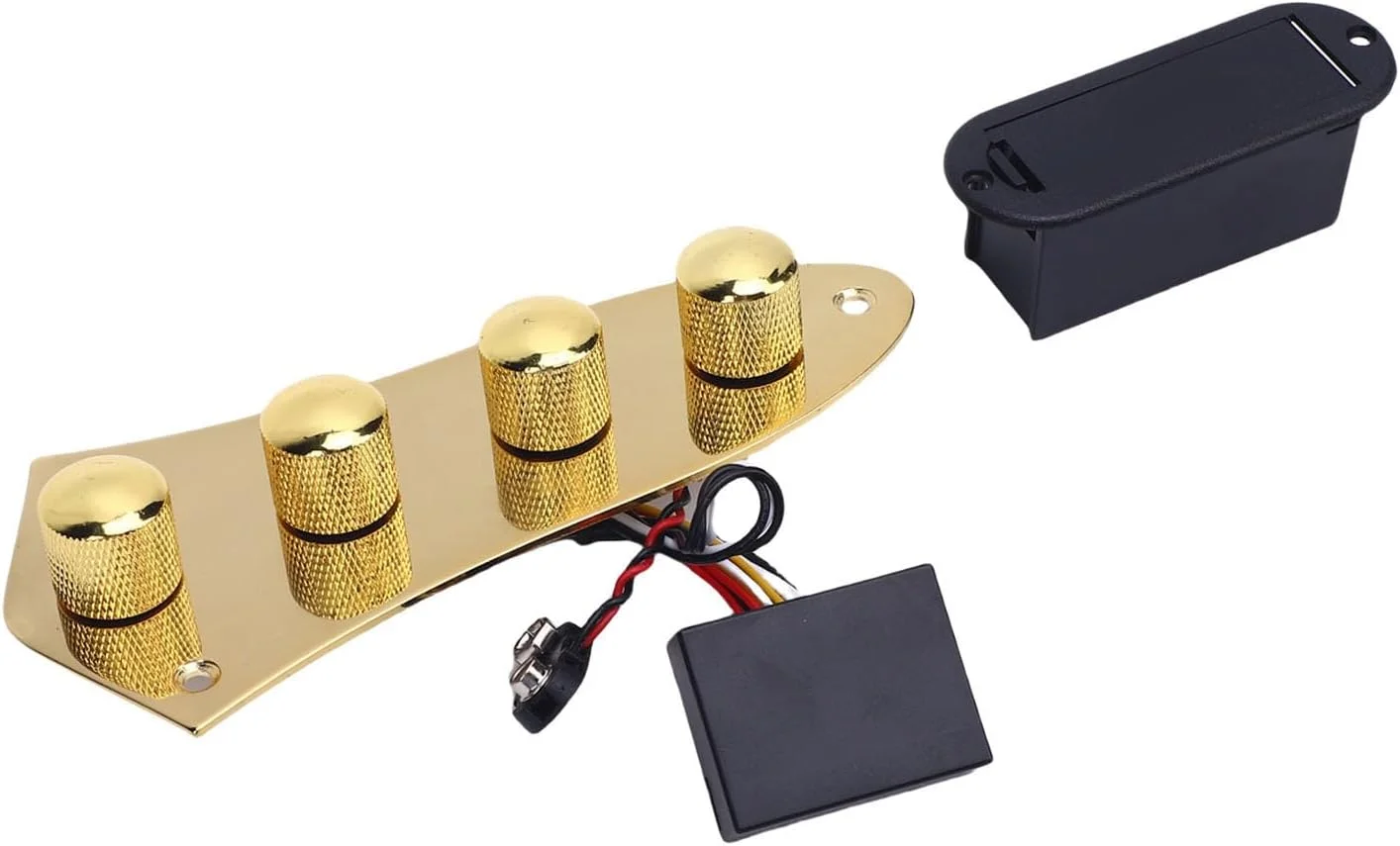 صفحه کنترل گیتار از پیش سیم کشی شده، پری امپ باس، 3 باند اکولایزر، دکمه های فلزی برای گیتارهای باس الکتریکی با عملکرد تقویت قابل تنظیم، بهبود شکل دهی صدا (طلایی) صفحه کنترل گیتار از پیش سیم کشی شده، پری امپ باس، 3 باند اکولایزر، دکمه های فلزی برای گیتارهای باس الکتریکی با عملکرد تقویت قابل تنظیم، بهبود شکل دهی صدا (طلایی)