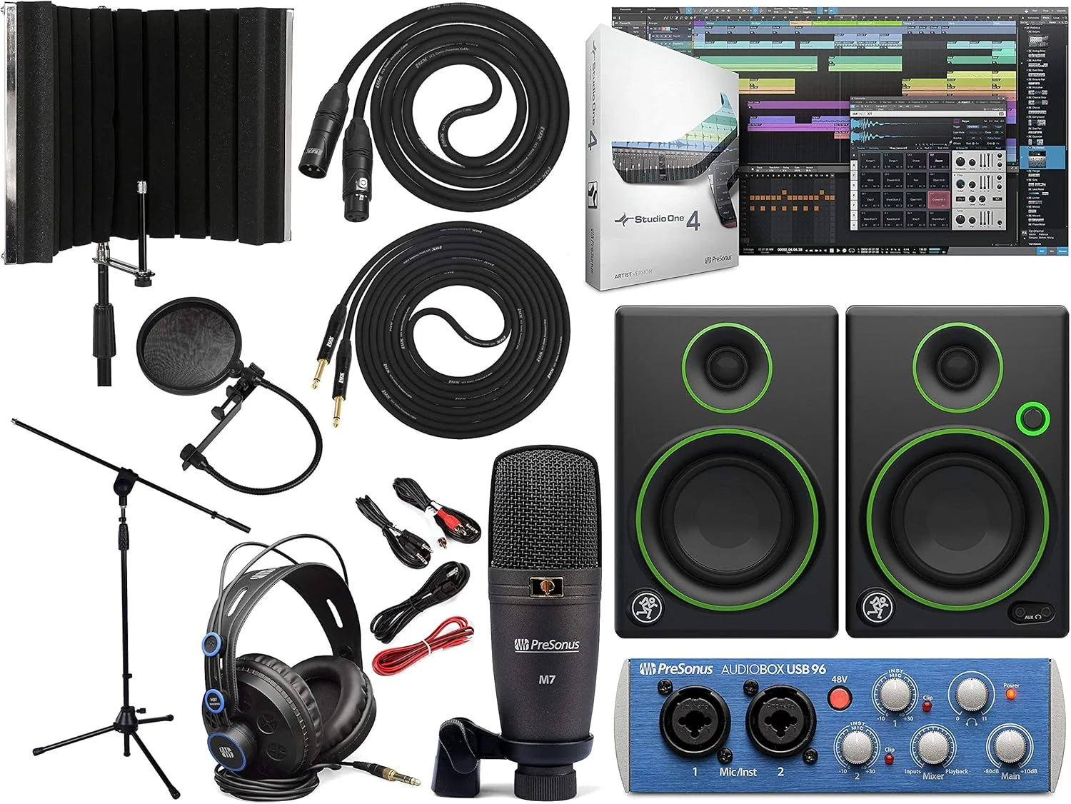 بسته کارت صدای PreSonus AudioBox 96 به همراه بسته نرم‌افزاری Studio One Artist، مانیتورهای استودیویی Mackie CR3، کابل ساز 1/4 اینچی و شیلد ایزوله میکروفون
