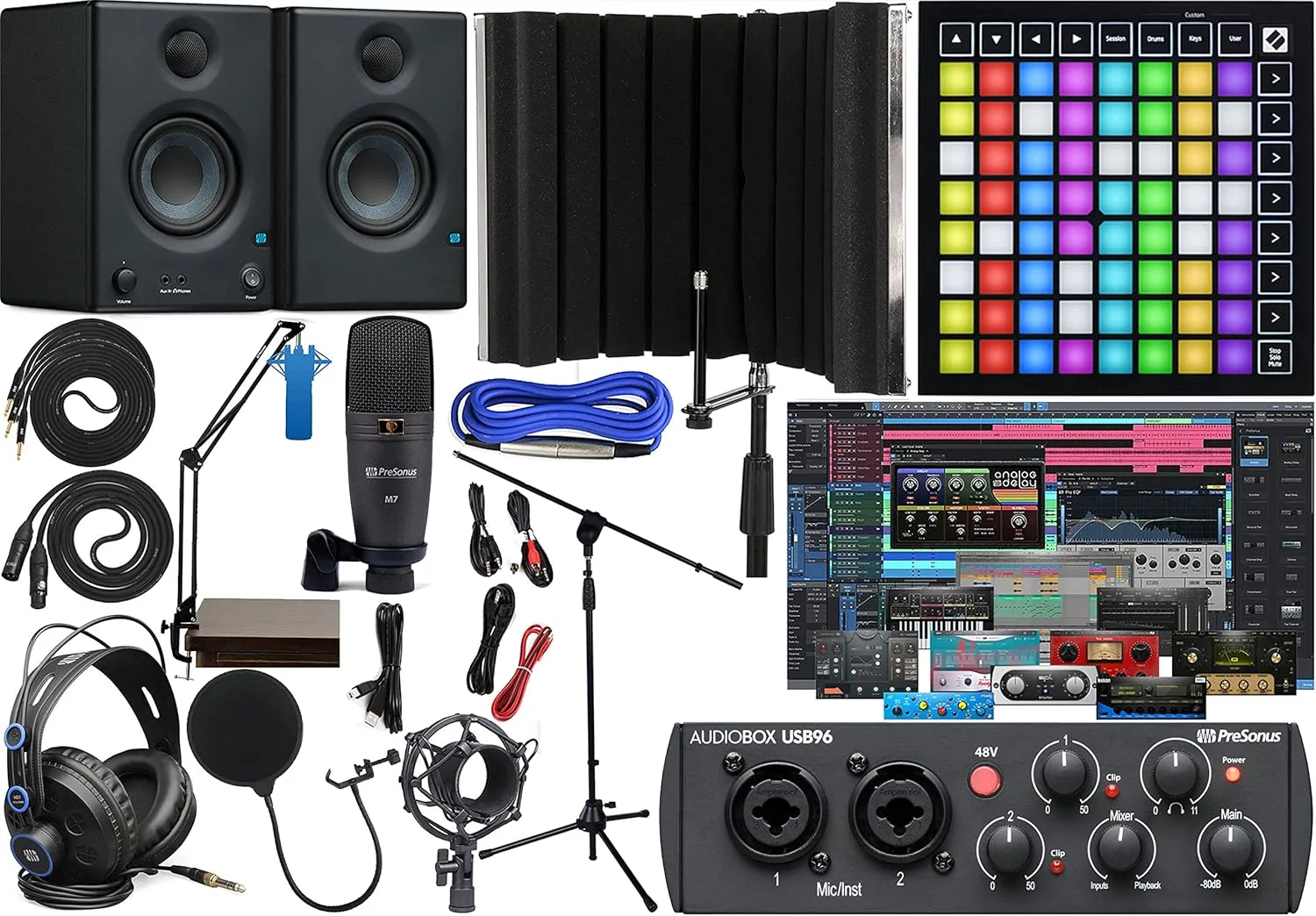 پکیج کامل استودیویی Presonus AudioBox 96 شامل کارت صدای USB، نرم‌افزار آهنگسازی، لانچ پد مینی میدی کنترلر و یک جفت مانیتور بلوتوث استودیویی Eris E3.5 BT