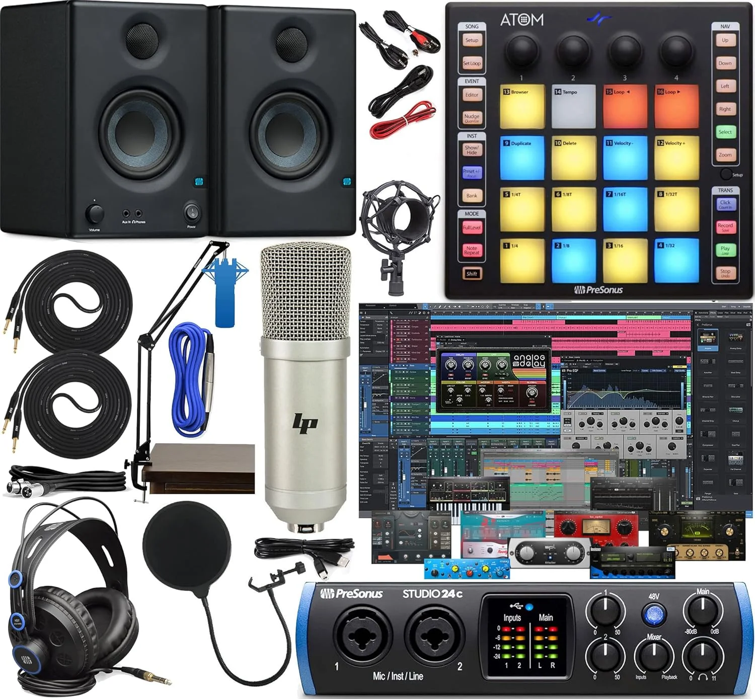 پکیج کامل استودیویی PreSonus Studio 24c 2x2 شامل کارت صدای Audio/MIDI، نرم‌افزار، کنترلر پد تولید ATOM MIDI، یک جفت مانیتور Eris E3.5، بازوی بوم قابل تنظیم و هدفون HD7