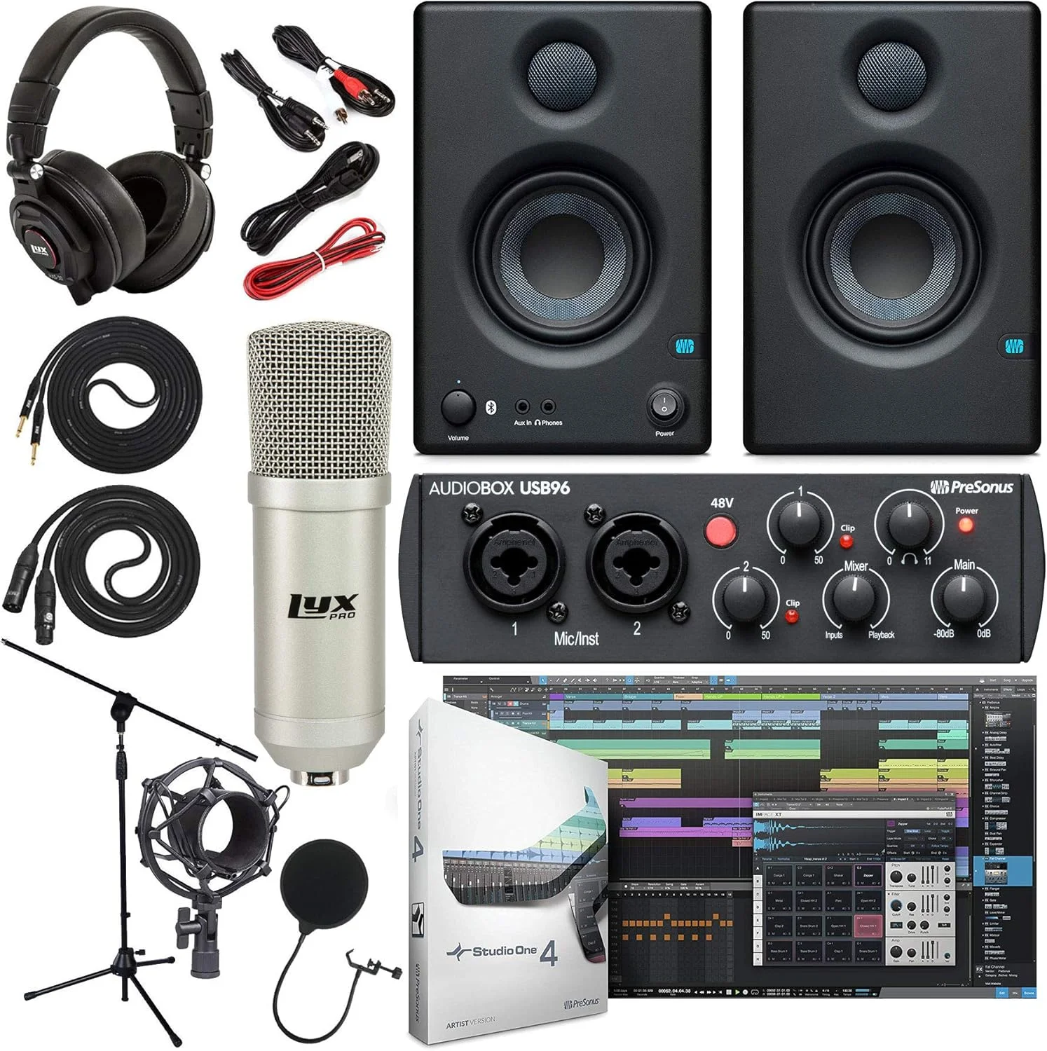 اینترفیس صوتی PreSonus AudioBox 96 (آبی یا مشکی) باندل کامل به همراه بسته نرم افزاری Studio One Artist و مانیتورهای بلوتوثی استودیویی Eris 3.5 BT، میکروفون کاندنسر و کابل های ساز 1/4 اینچی